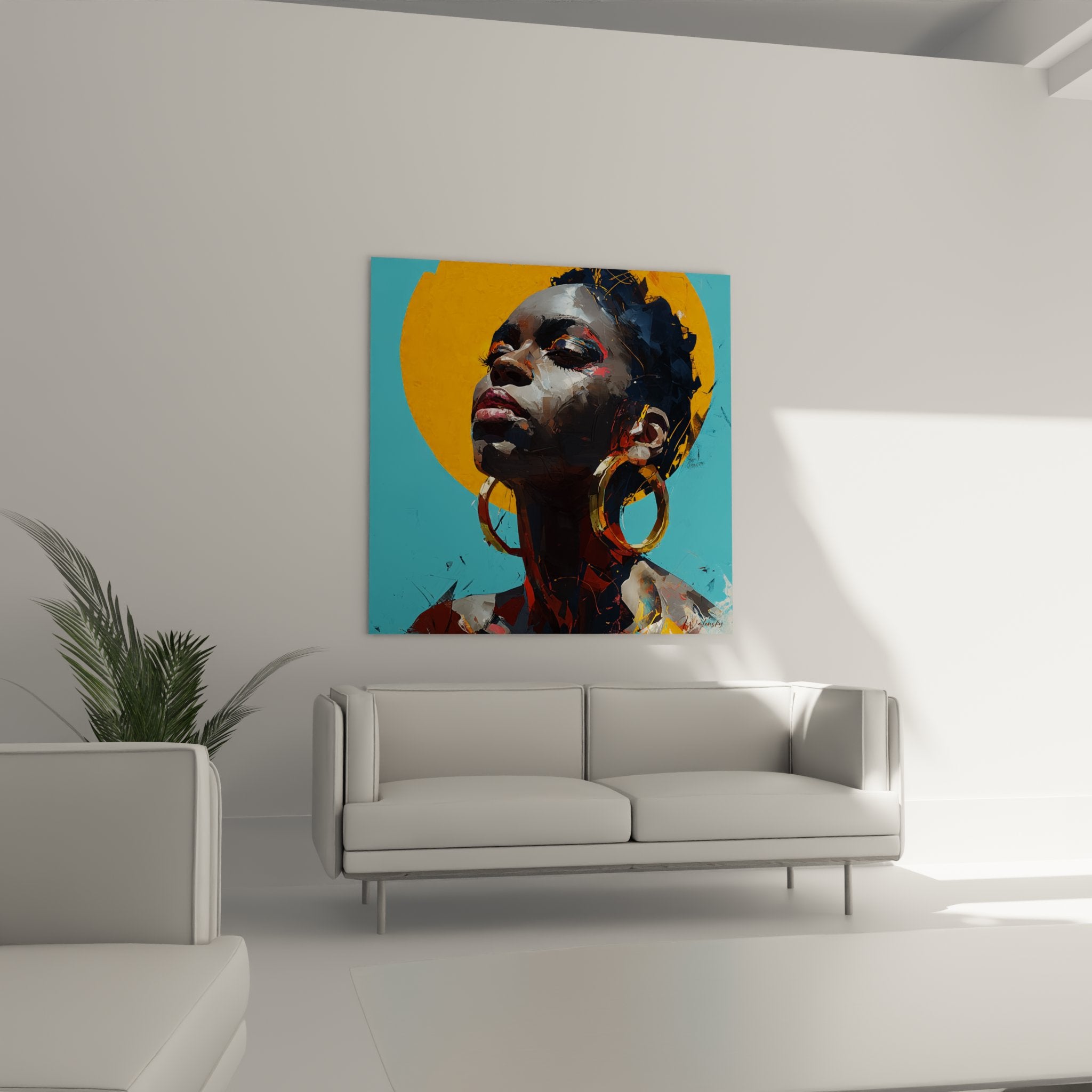 Dettaglio ritratto donna africana pittura moderna, tecnica espressionista colori vivaci arancione blu