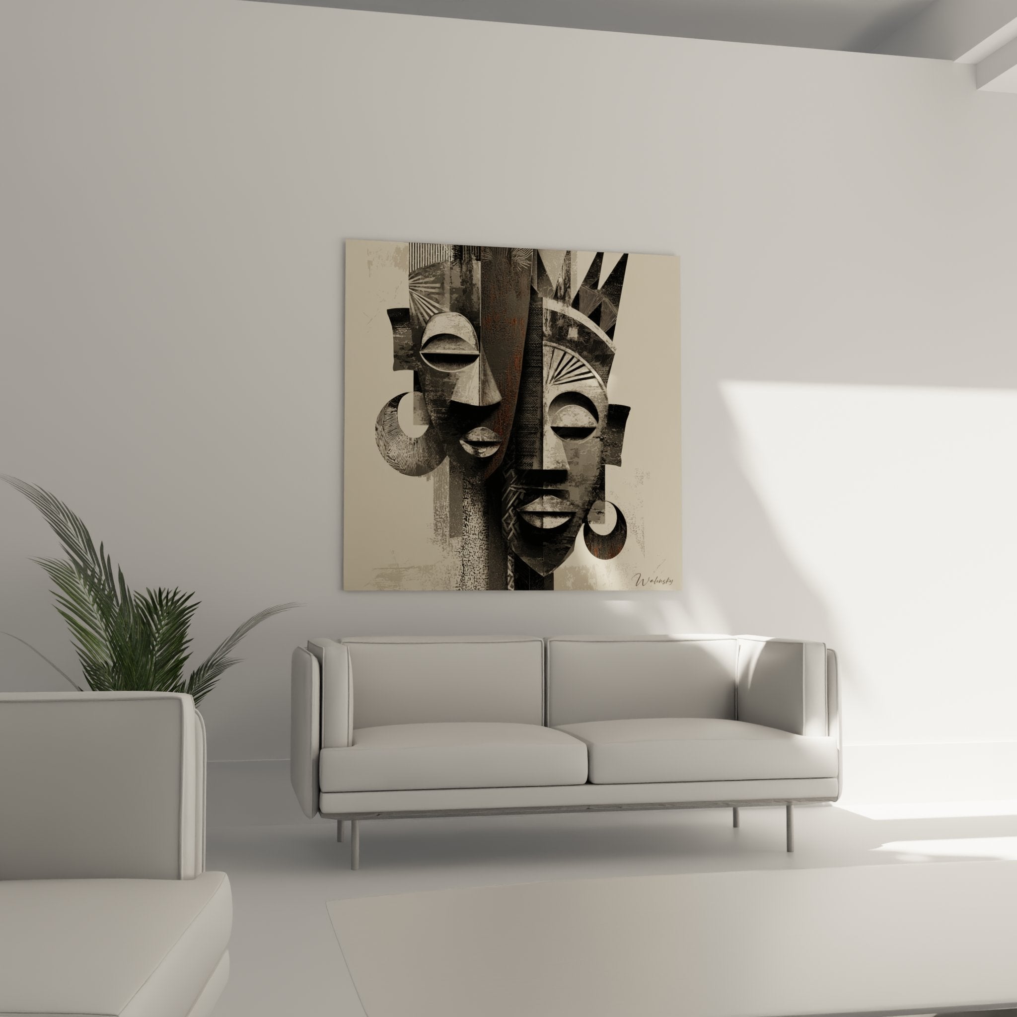 Détail du tableau masques africains montrant les textures, motifs géométriques et jeux de superposition en noir et beige
