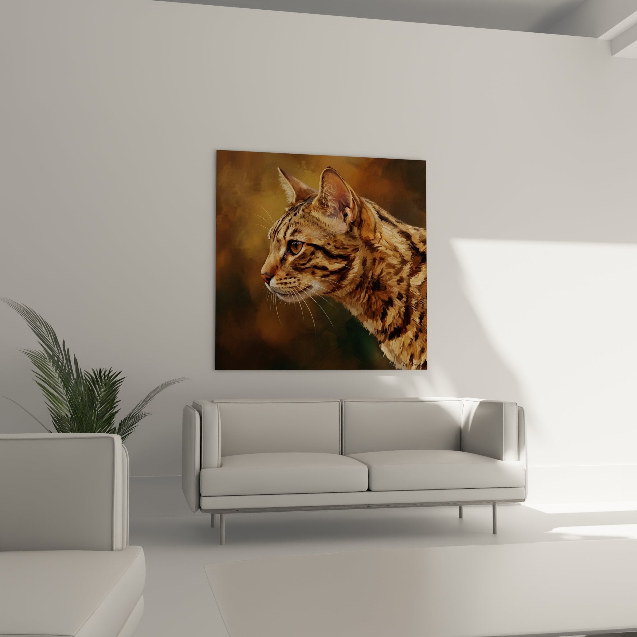 Detail portrait chat Ocicat tableau, pelage tachete realiste yeux dores expression contemplative art felin qualite