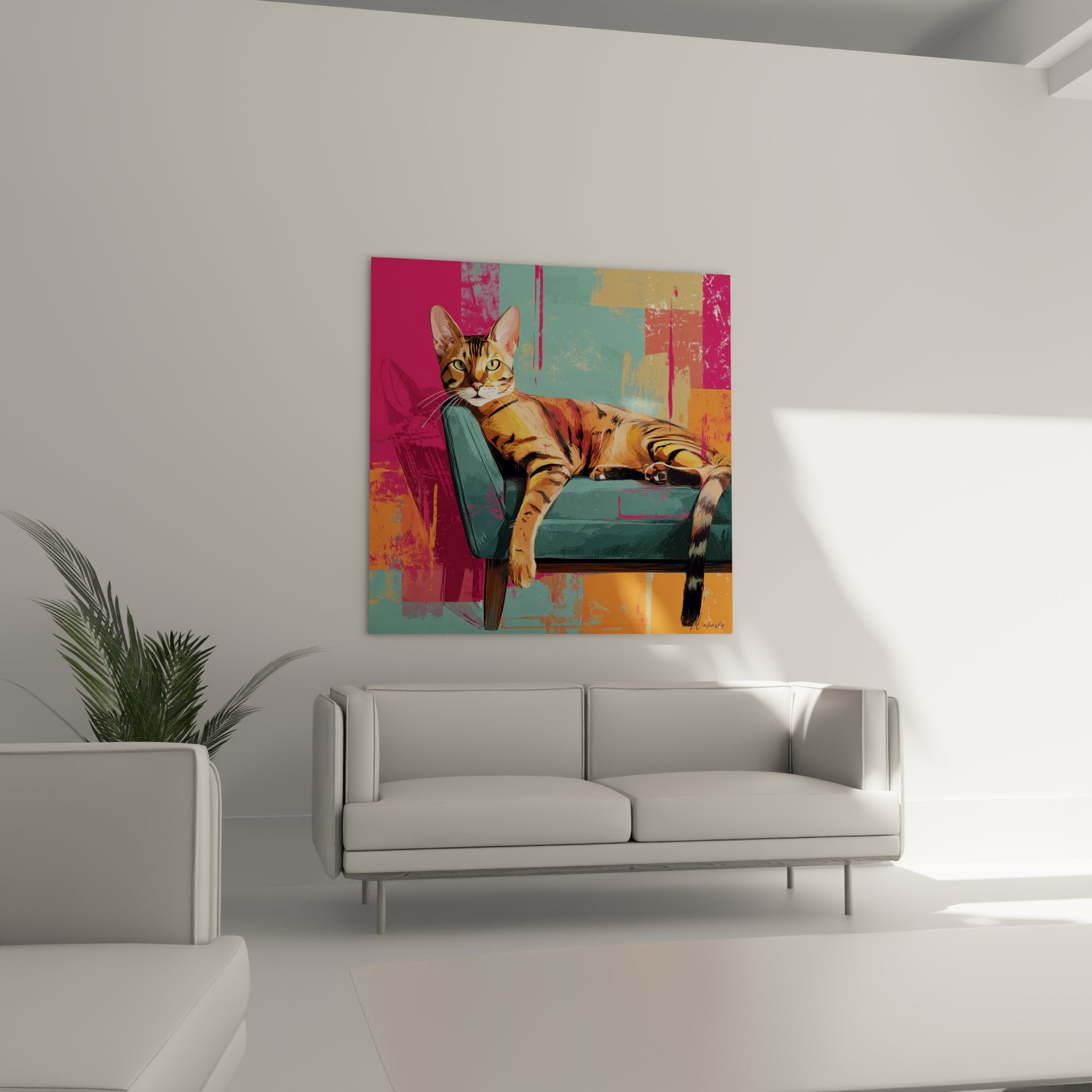 Gros plan tableau chat Toyger yeux verts robe dorée rayures noires fauteuil turquoise art contemporain