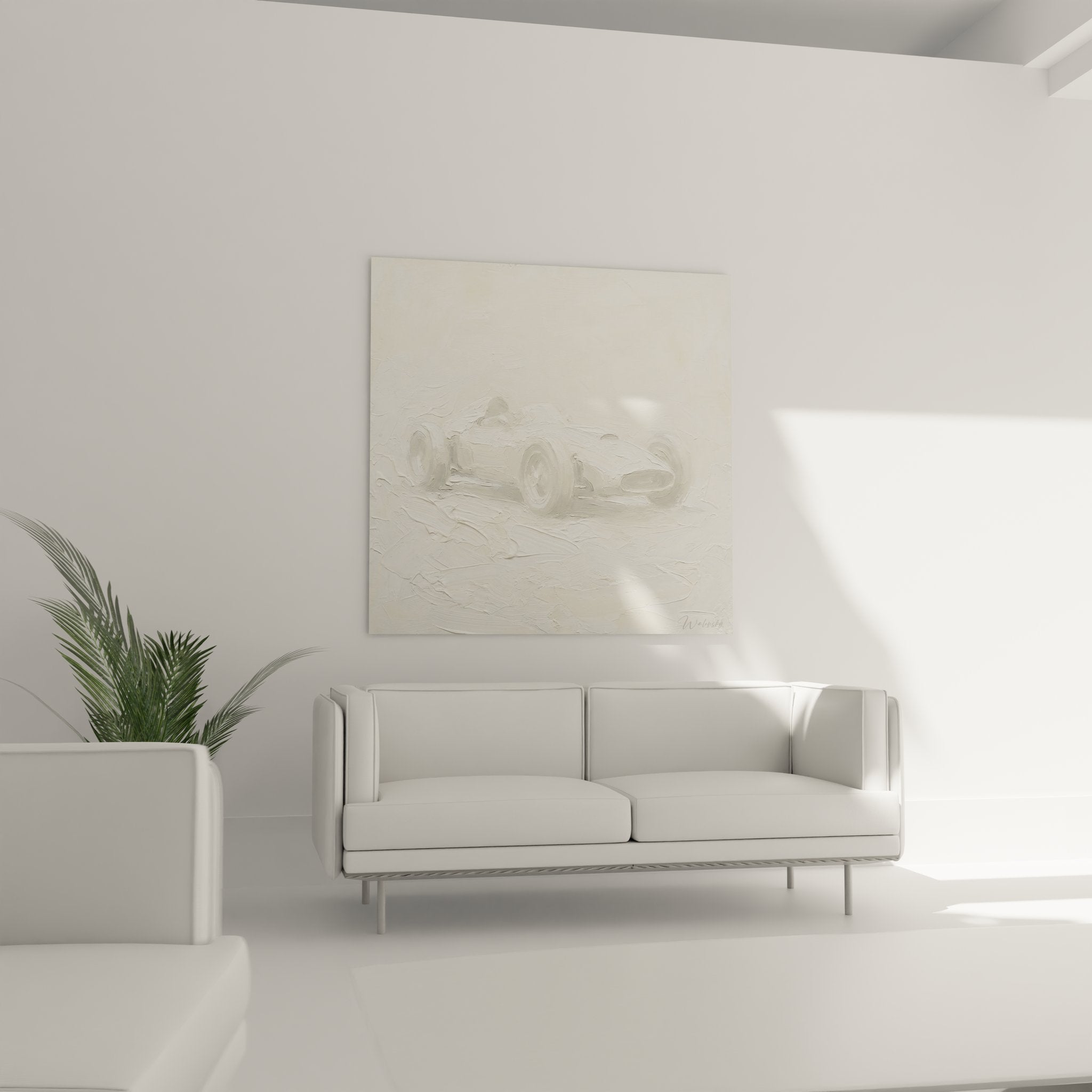 Gros plan texture relief peinture épaisse tableau F1 monoplace blanche détails cockpit et roues