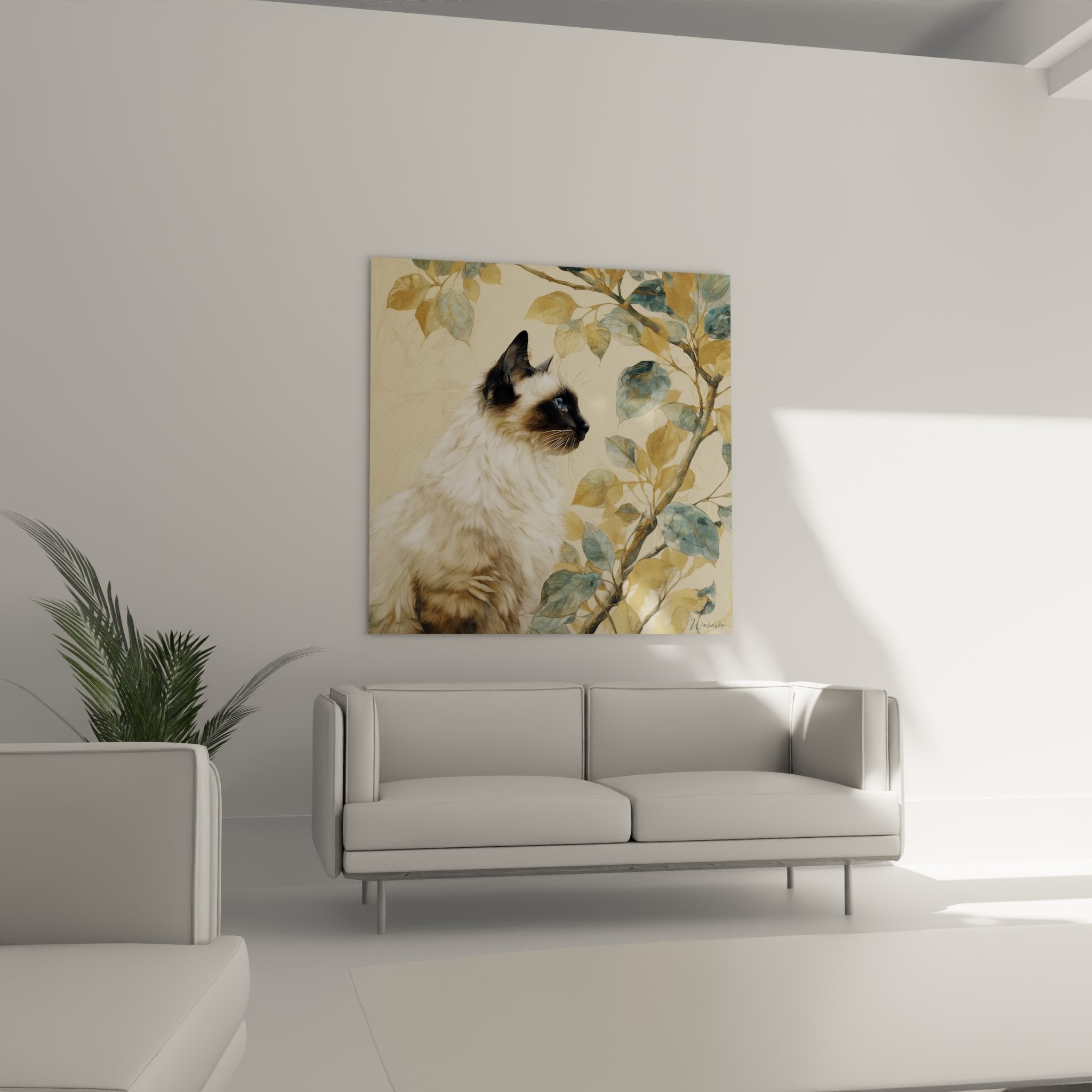 Close-up of the cream coat details and sapphire blue eyes of the Birman cat in the artwork