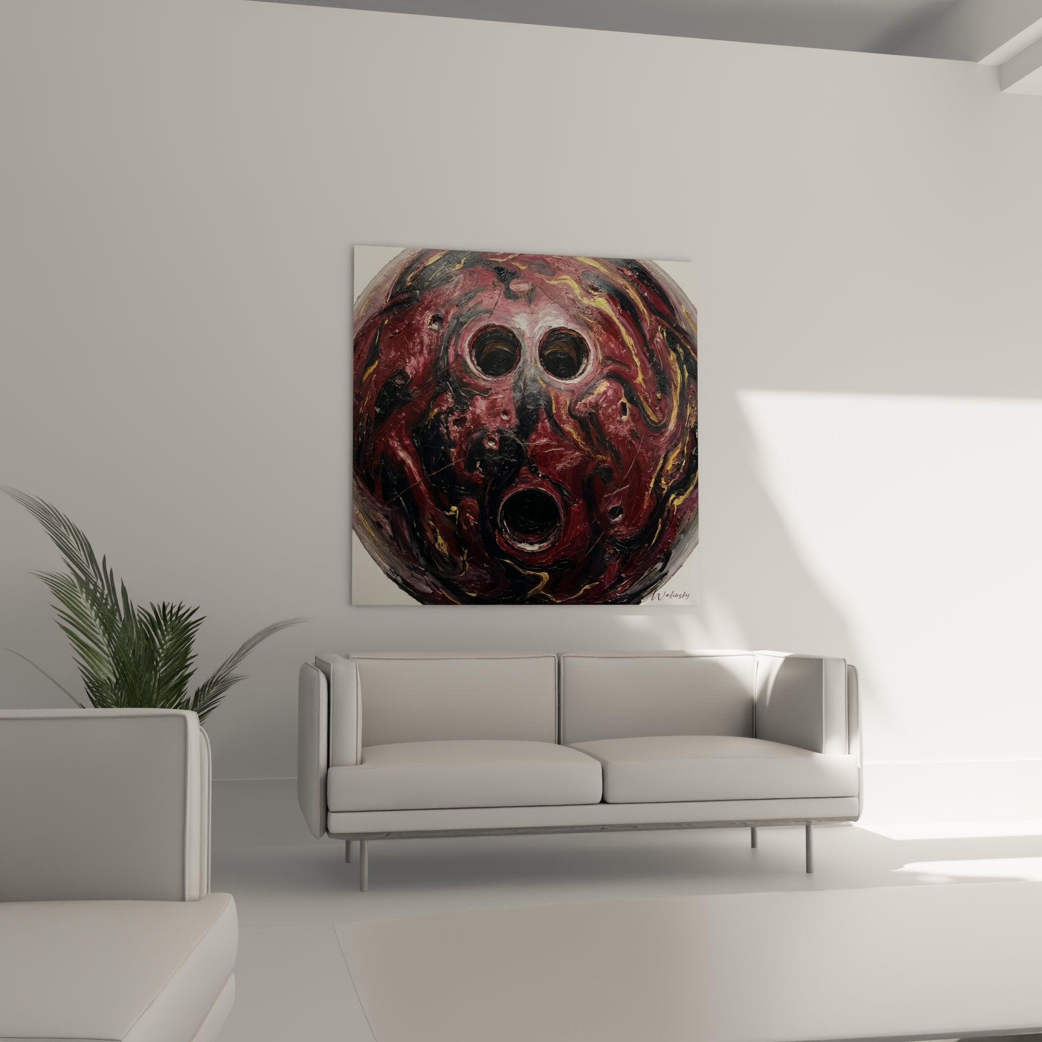 Thick paint texture detail red bowling ball - three visible holes contemporary art