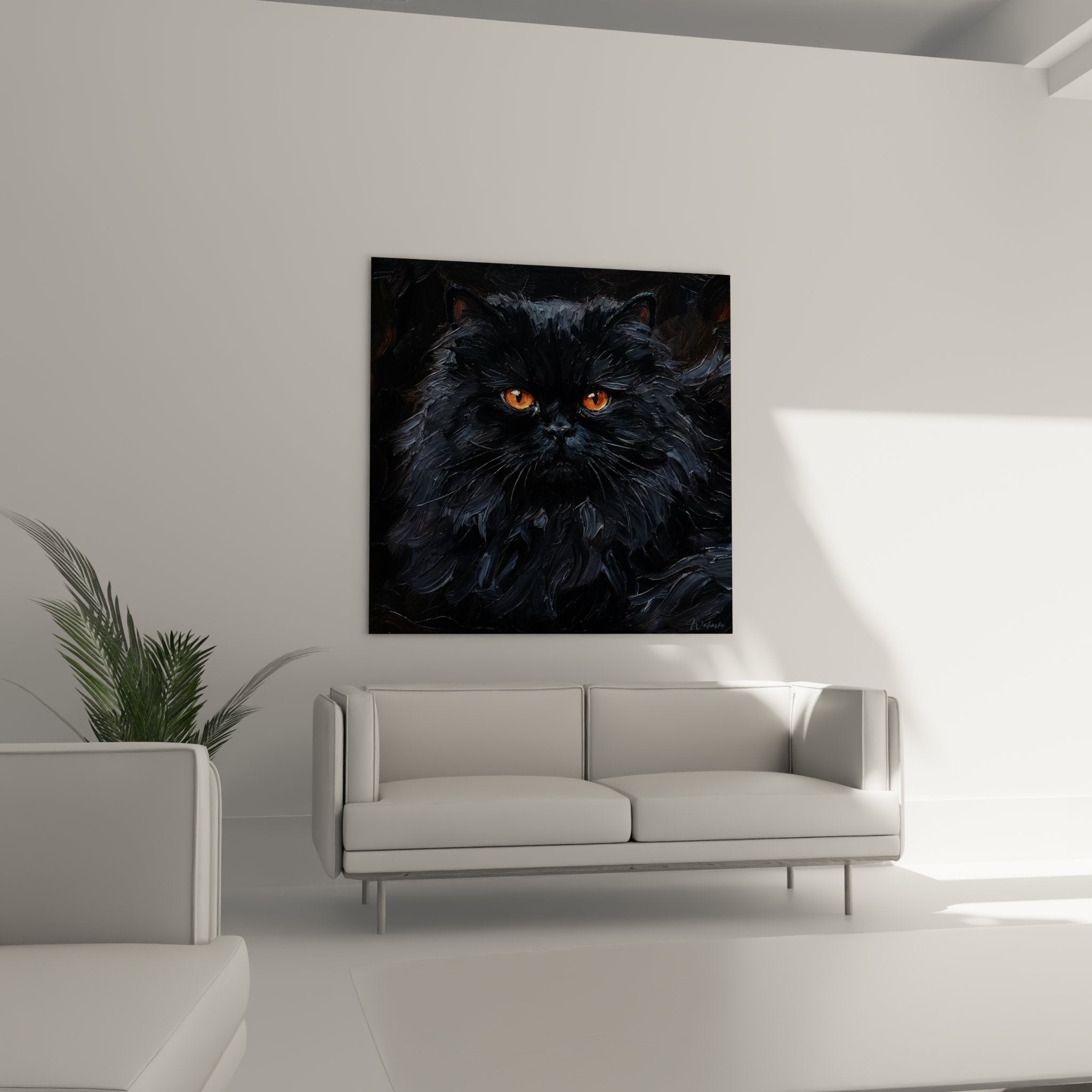 Gros plan tableau chat Persan noir, détails yeux cuivrés hypnotiques, texture pelage impressionniste réaliste