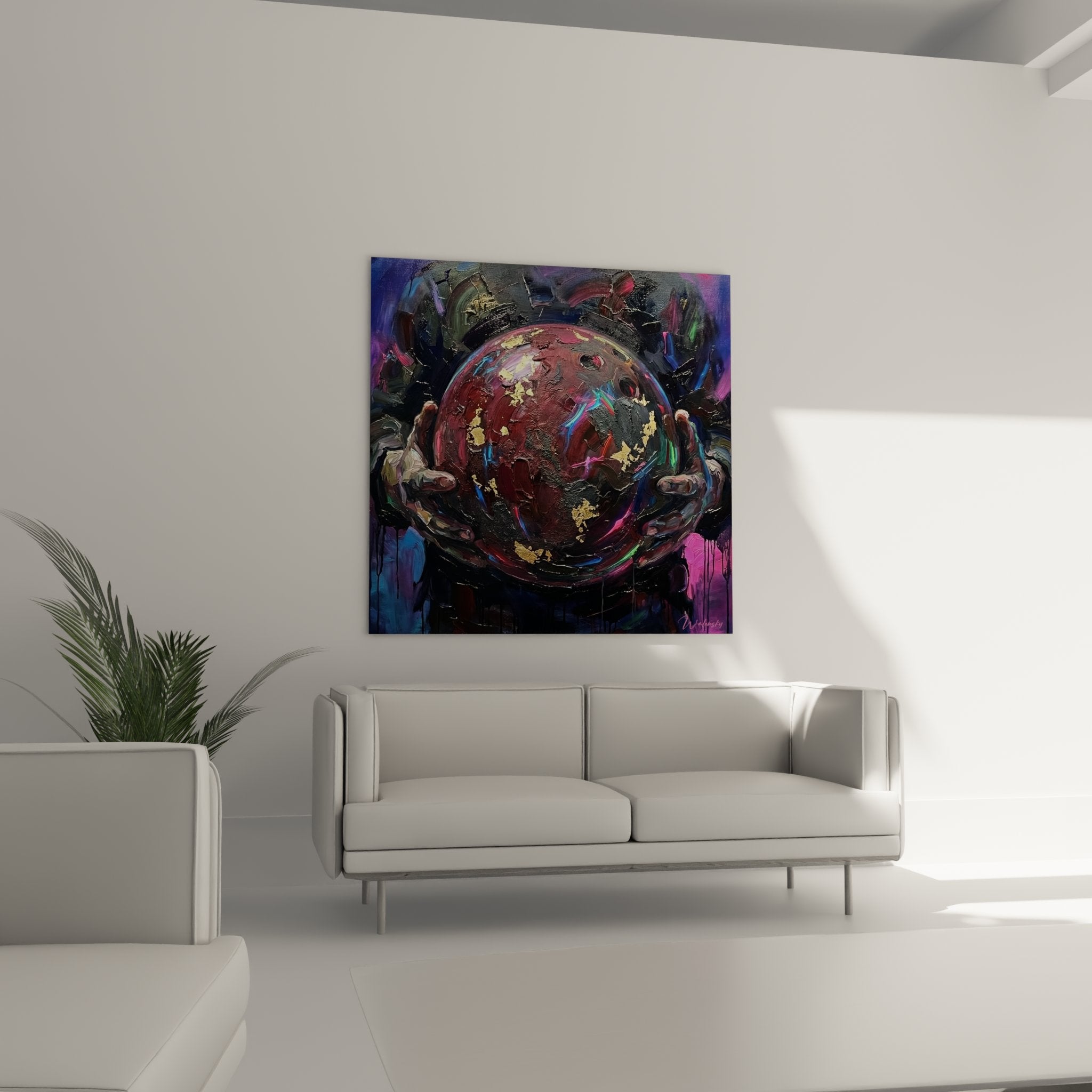 Close-up detail of abstract bowling ball with golden texture and vibrant colors