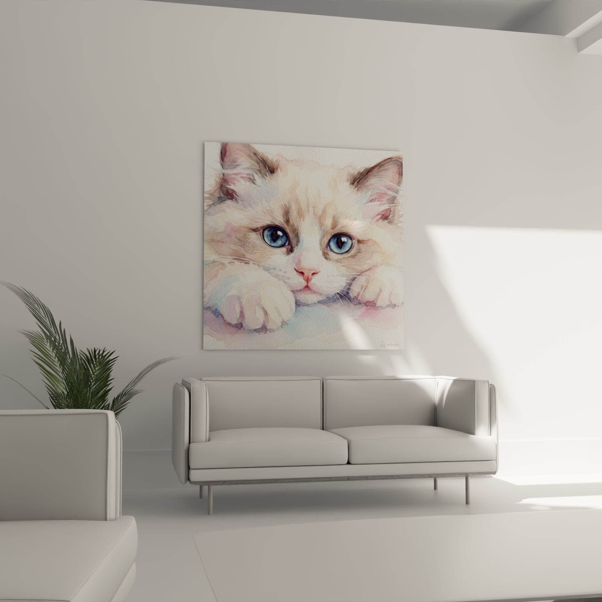 Dettaglio acquerello gattino Ragdoll, tecnica pittorica delicata con toni pastello, sguardo blu espressivo