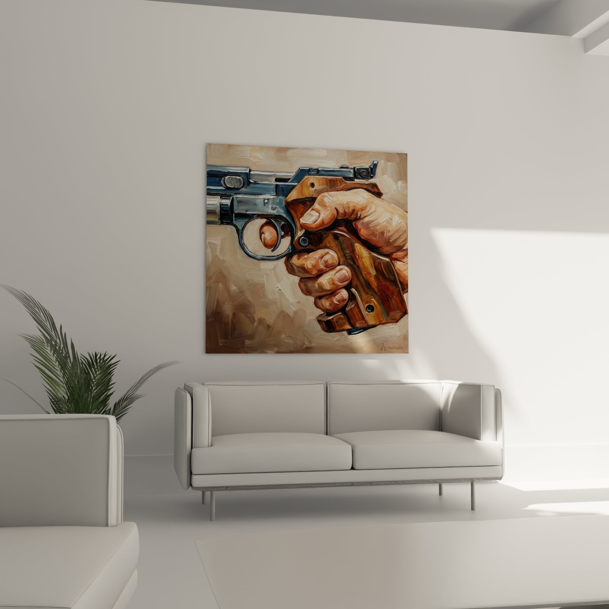 Revolver painting detail wooden grip - realistic technique metal texture and varnished wood weapon collection