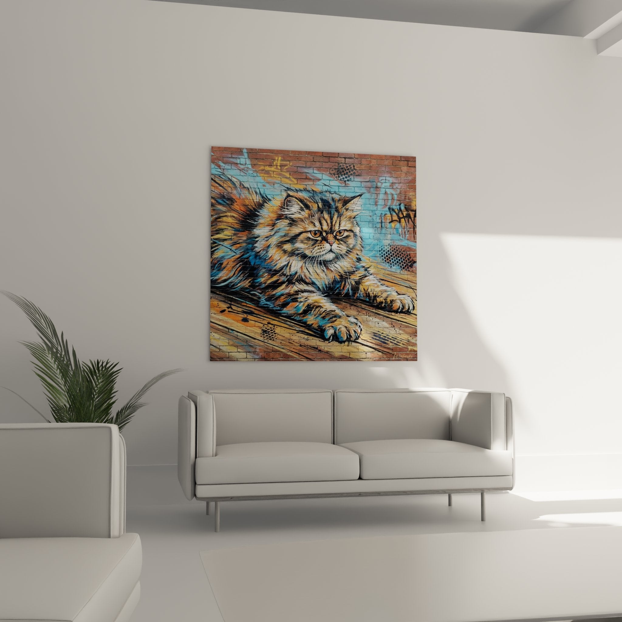 Detail of the colored coat of the Persian cat in street art style with expressive textures