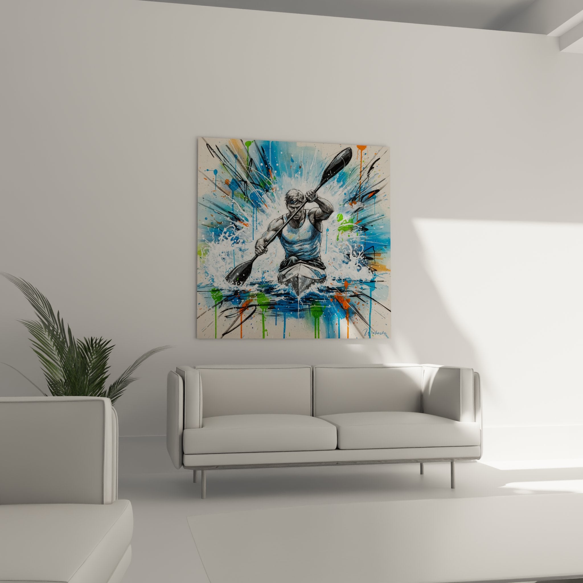 Dettaglio quadro kayak pittura splash art colori vivaci rematore azione acquatica