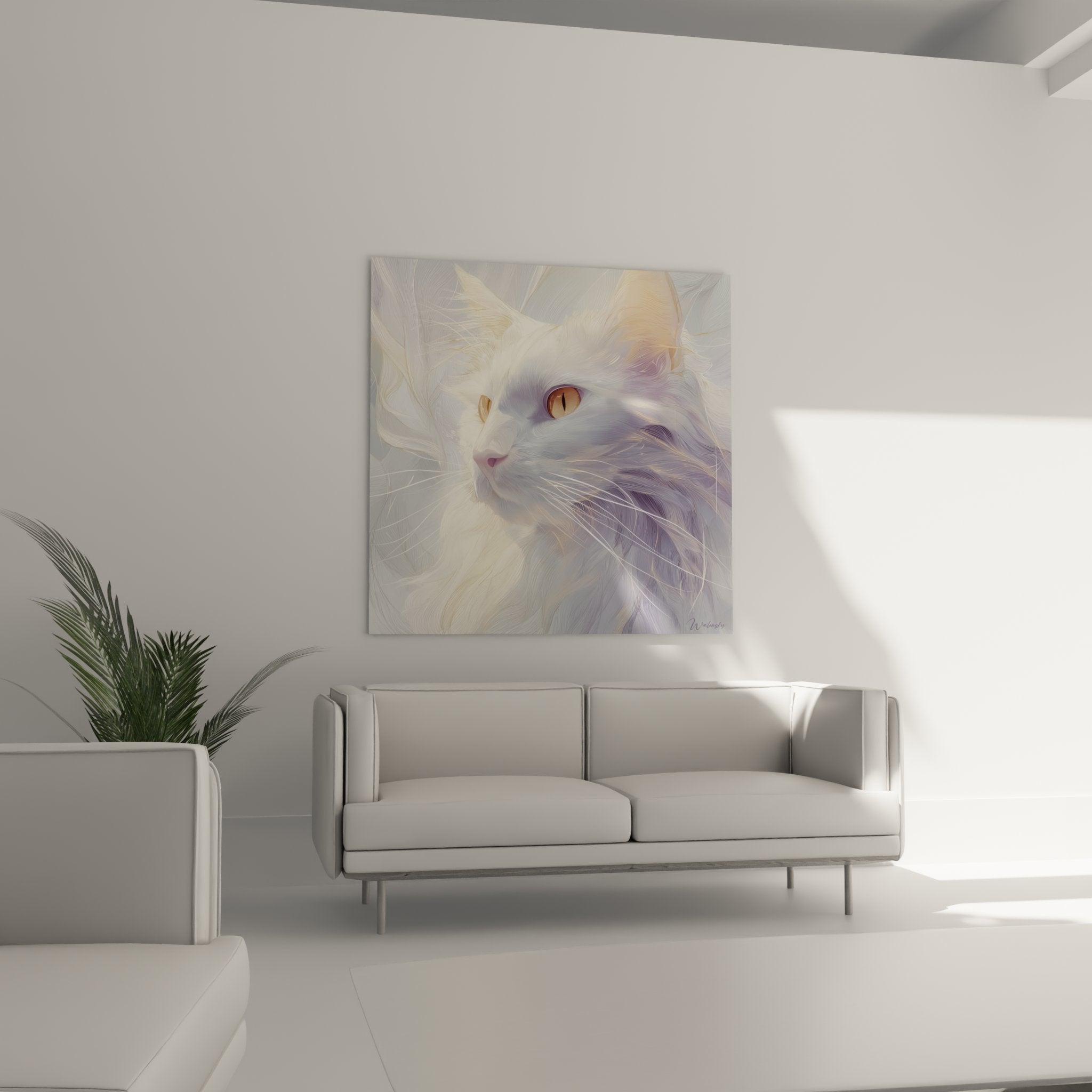 Close-up detail Turkish Angora portrait, silky white coat texture, deep amber eye, delicate whiskers