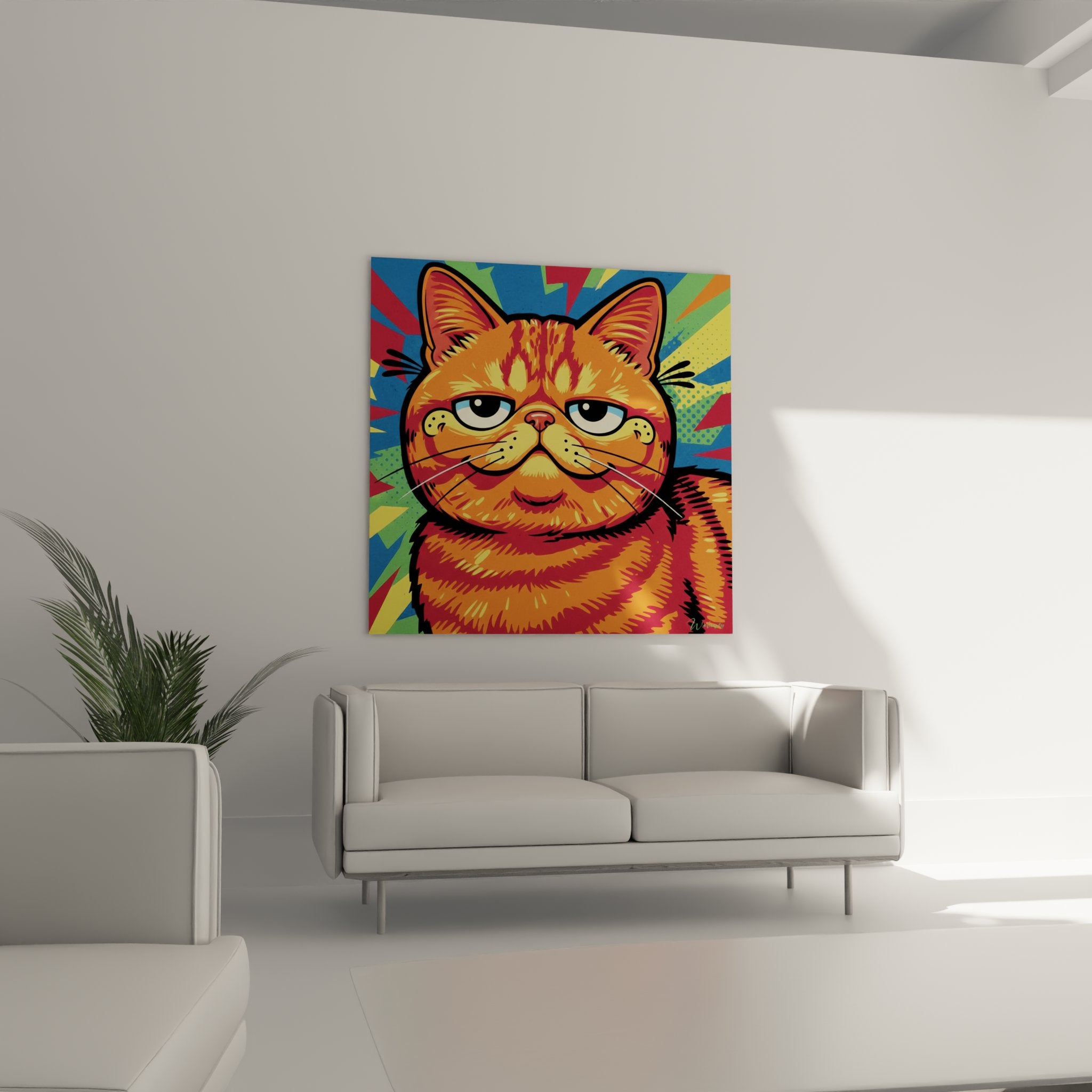 Nahaufnahme Katzengemälde Exotic Shorthair Pop Art leuchtende Farben Orange Rot zeitgenössischer Stil