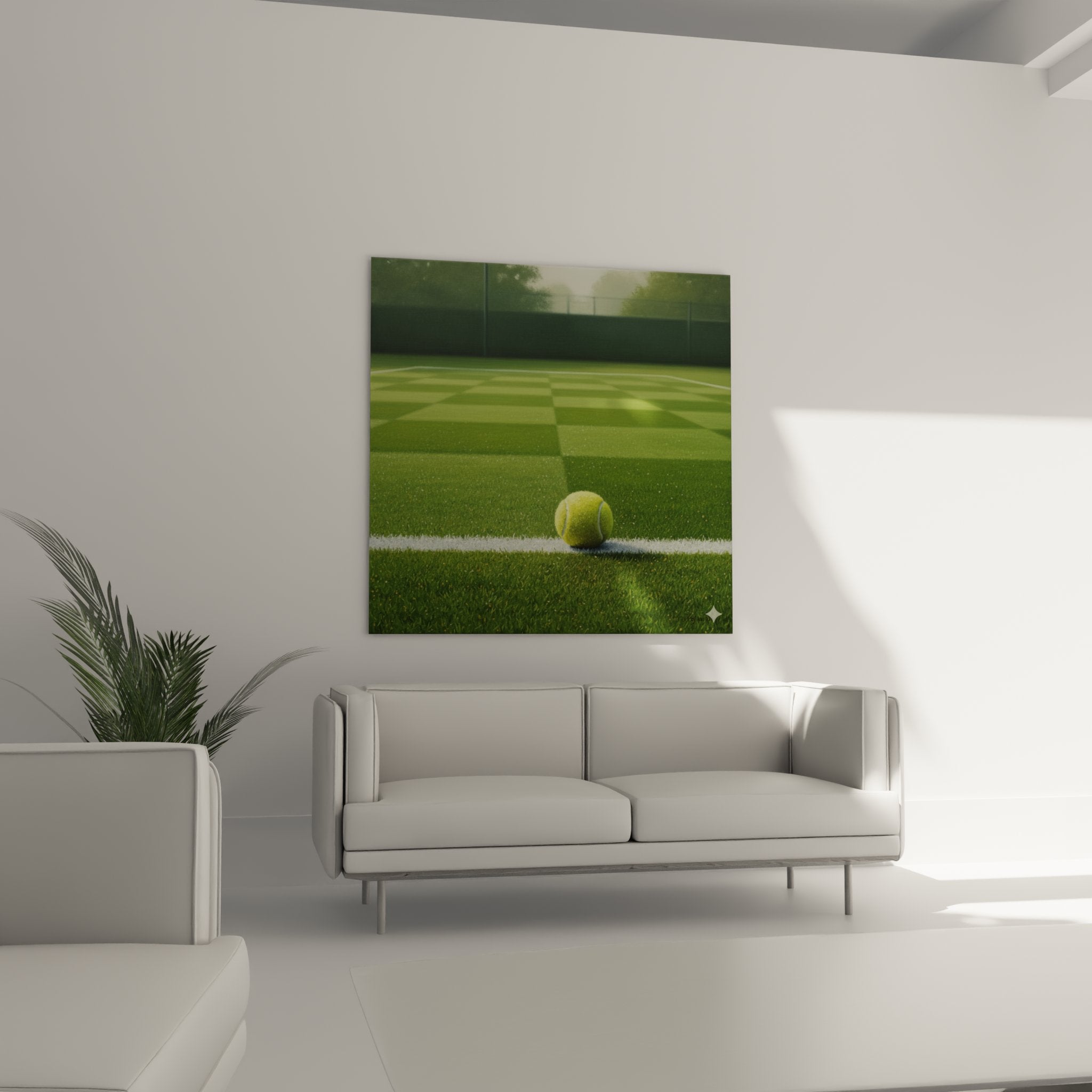 Detail artistique balle de tennis jaune sur ligne blanche court vert texture realiste peinture moderne sport