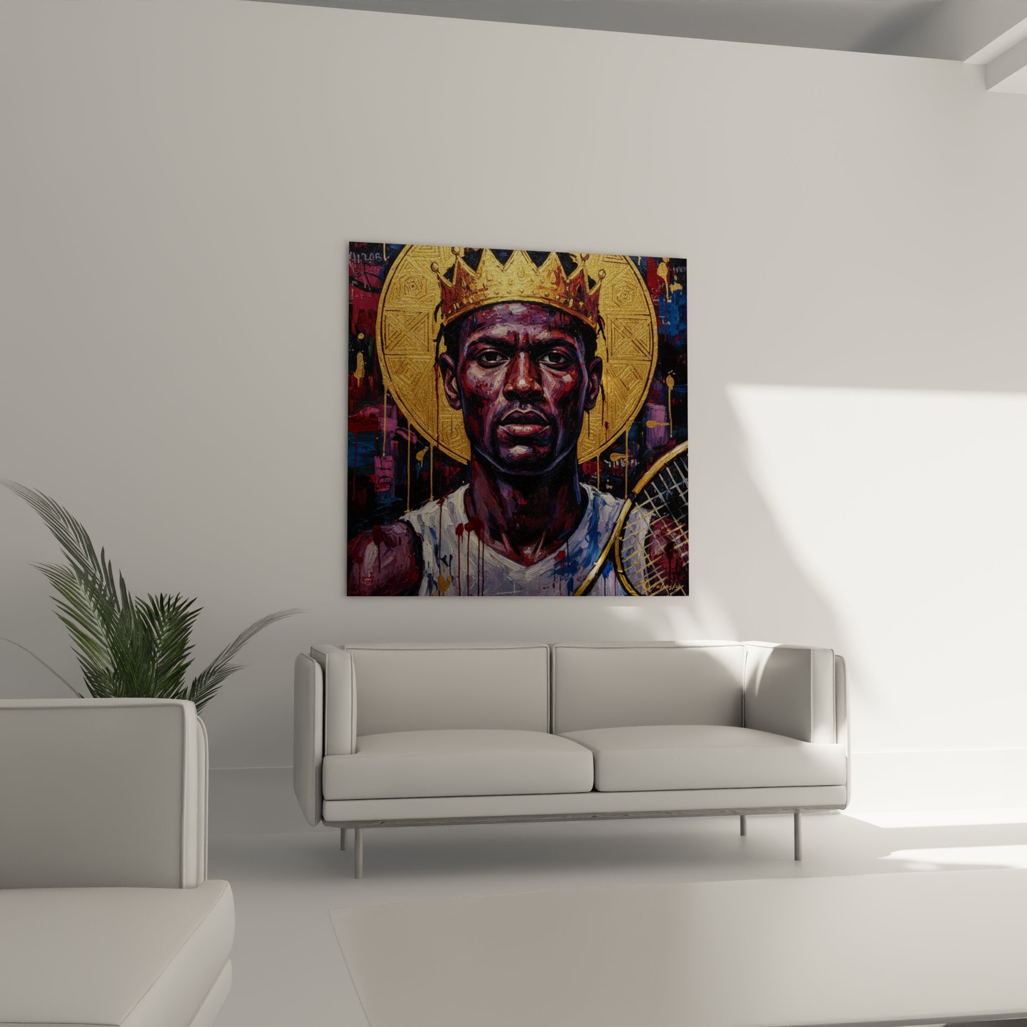 Détail du tableau tennis montrant le visage du champion couronné aux tons pourpres avec couronne dorée ornementée