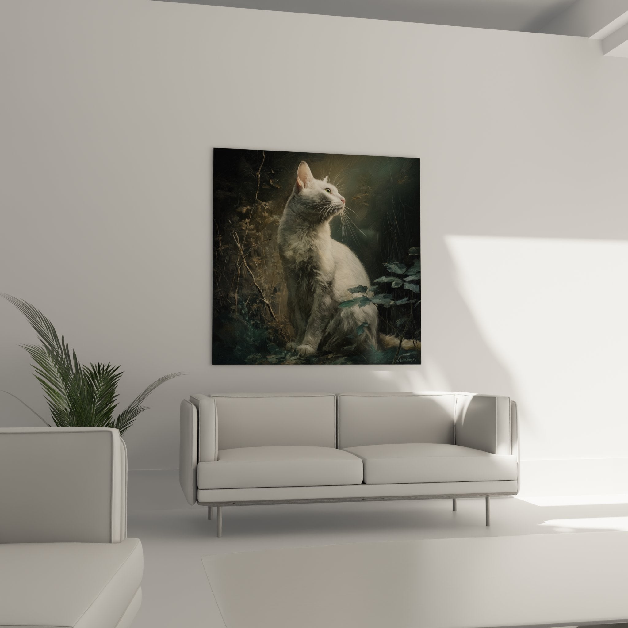 Dettaglio quadro gatto Burmilla: mantello argentato testurizzato, espressione contemplativa e sguardo intenso del felino