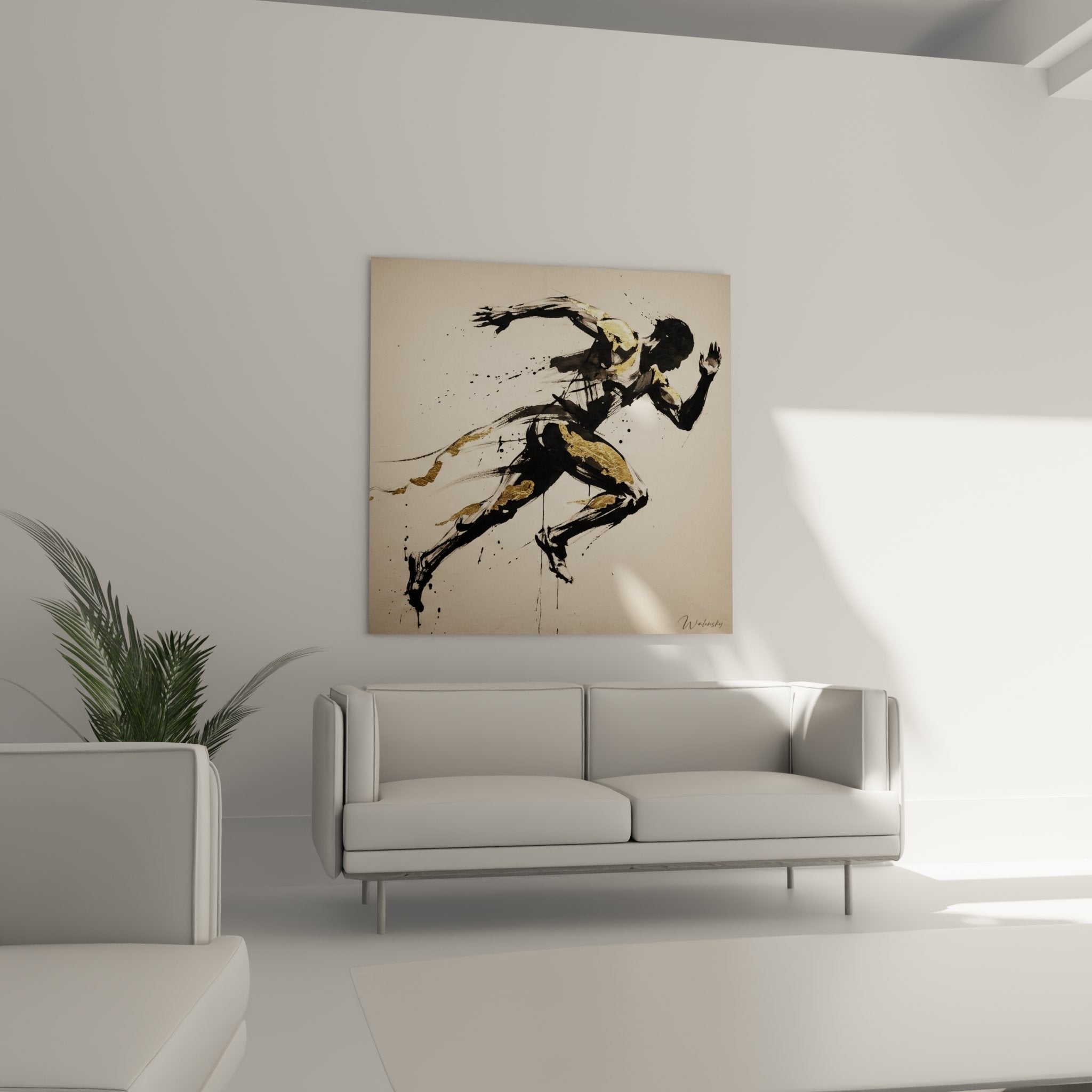 Dettaglio del quadro del corridore che mostra la tecnica pittorica gestuale e gli accenti dorati sulla silhouette nera