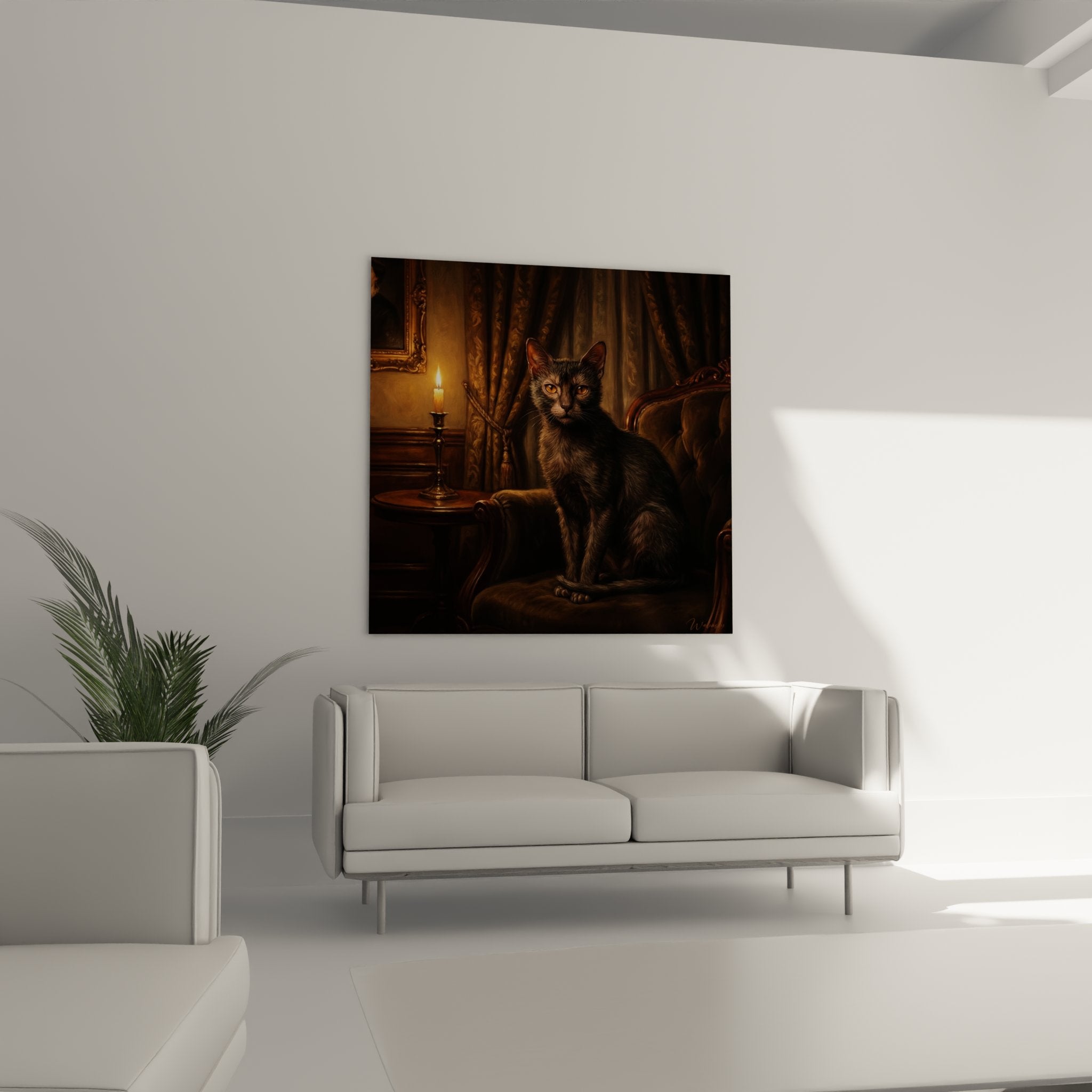 Primo piano su gatto Lykoi con il caratteristico mantello grigio-marrone, occhi ambrati espressivi, arte murale