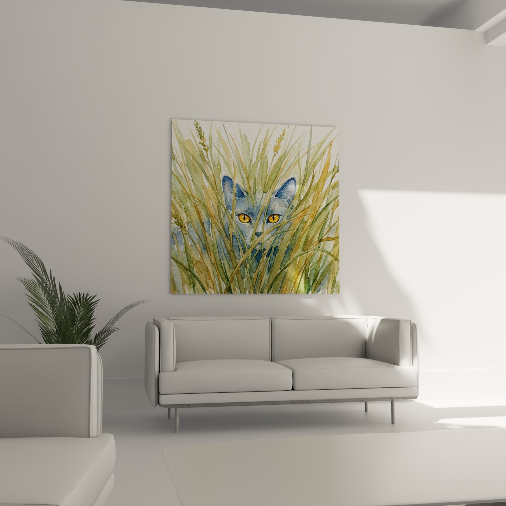 Gros plan aquarelle chat Chartreux yeux ambre, détails pelage bleu-gris entre végétation dorée