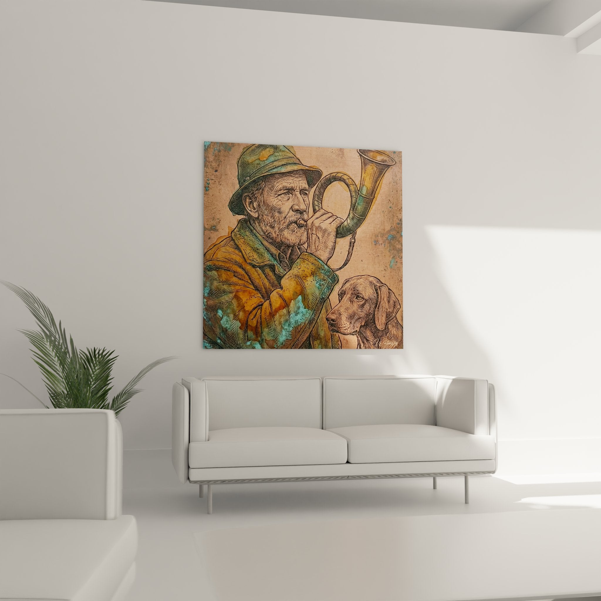 Gros plan tableau chasseur details cor cuivre chien chasse technique gravure colorisee style vintage