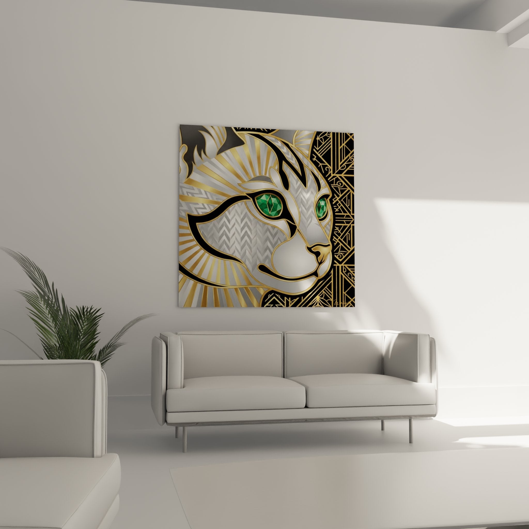 Nahaufnahme Katzentafel Art-Deco-Kunst mit smaragdgrünen Augen Details luxuriöse geometrische Goldmuster