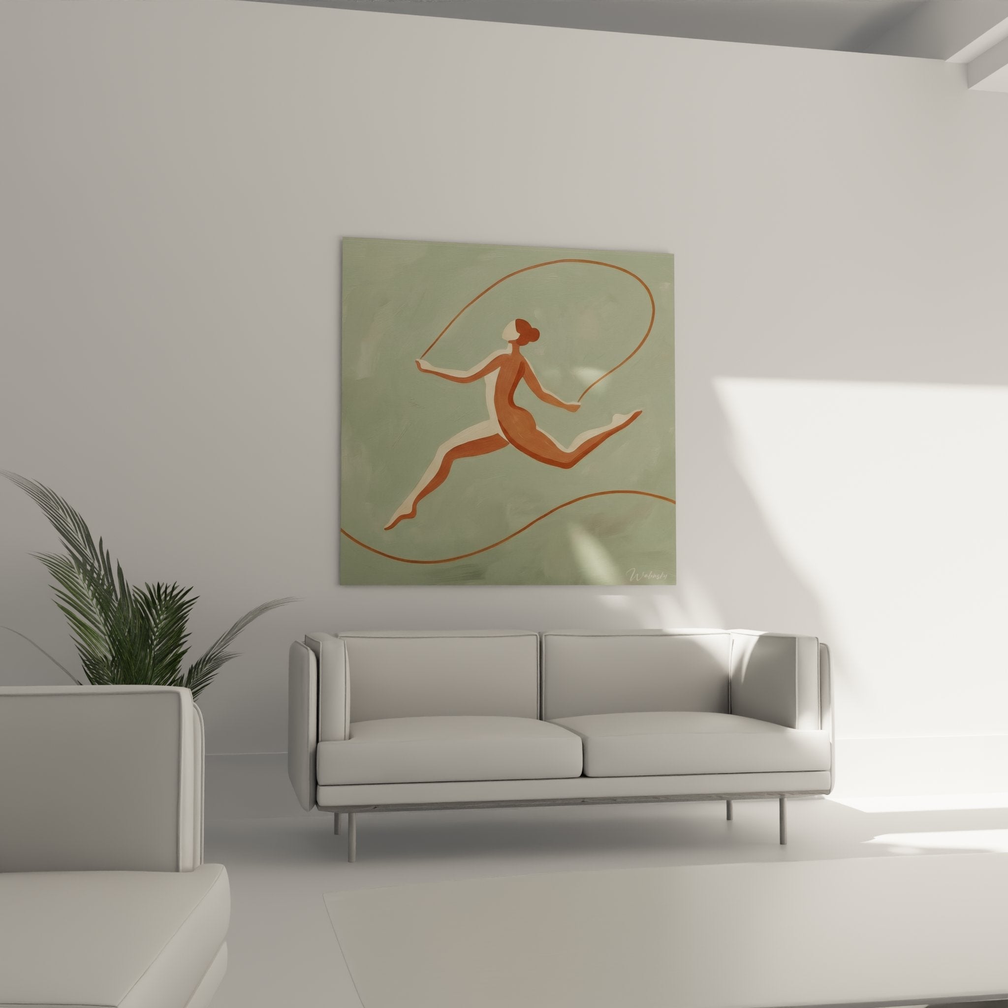 Detail of woman jumping rope artwork, terracotta silhouette on green background, fluid movement