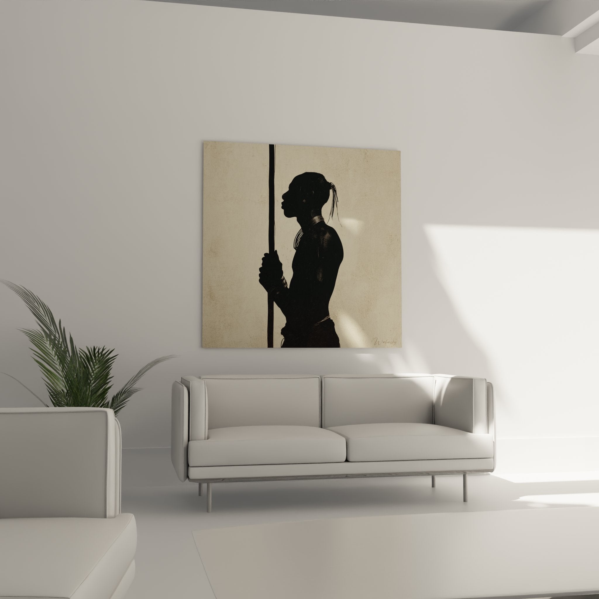 Close-up traditional African silhouette artwork, warrior necklace and hairstyle details