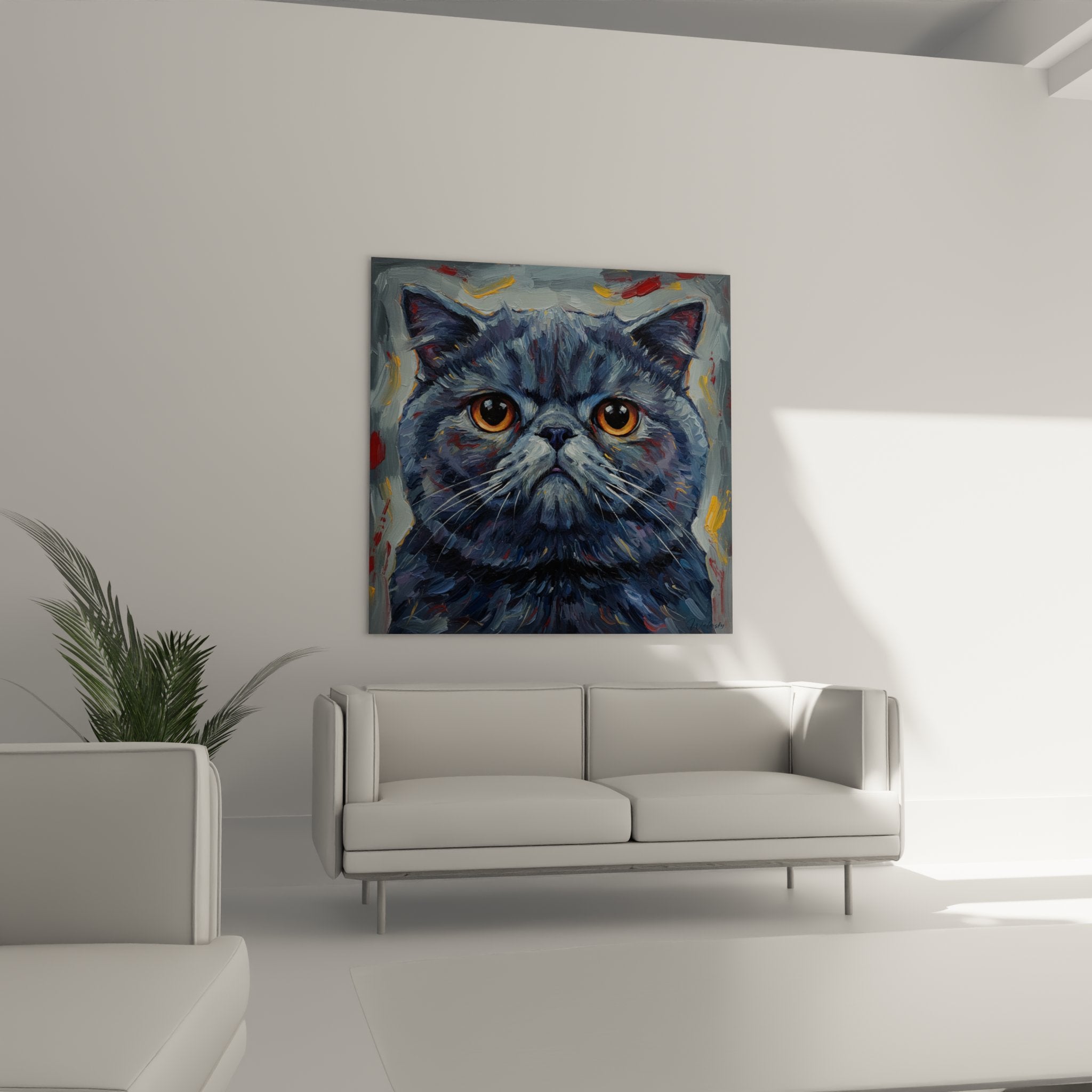 Primo piano sui dettagli del quadro che mostrano la texture del mantello e l'intensità dello sguardo ambrato del gatto