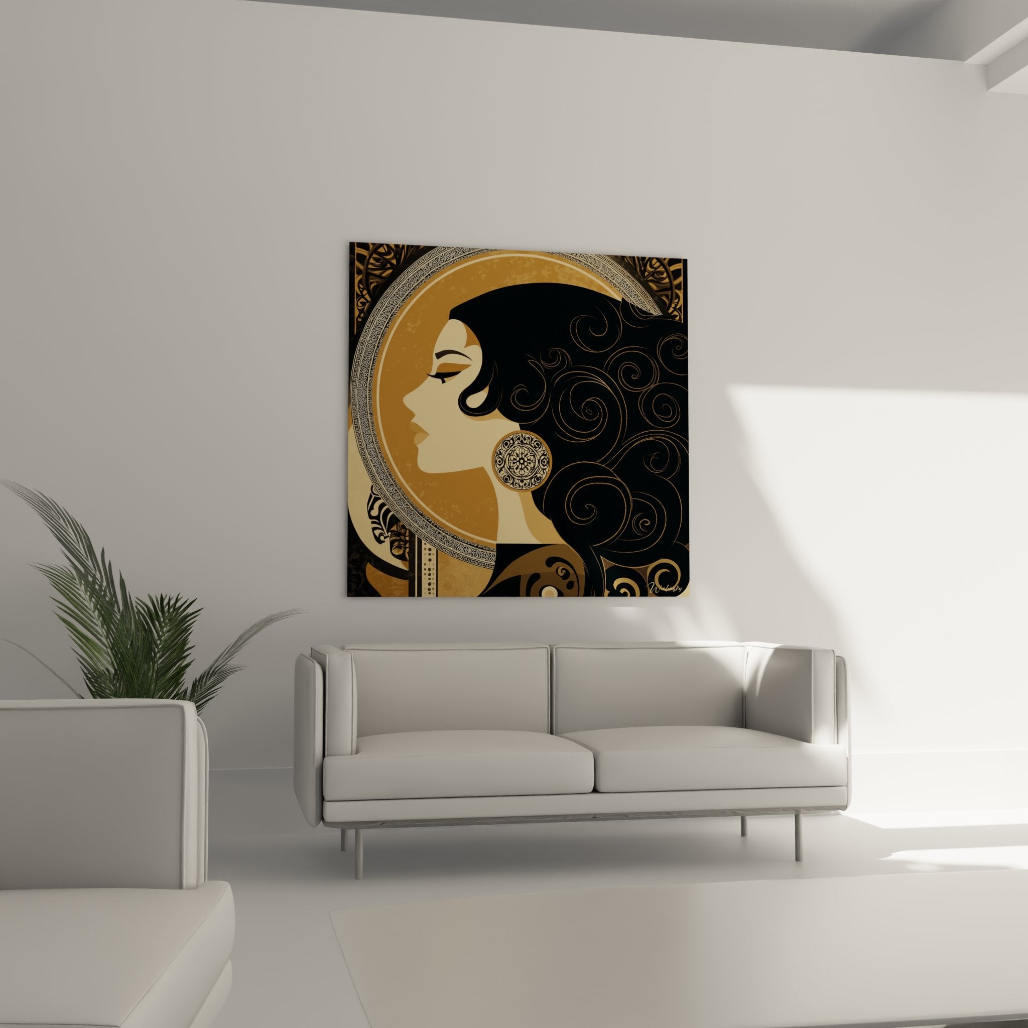 Art deco face portrait woman profile geometric oriental patterns gold black colors detail painting
