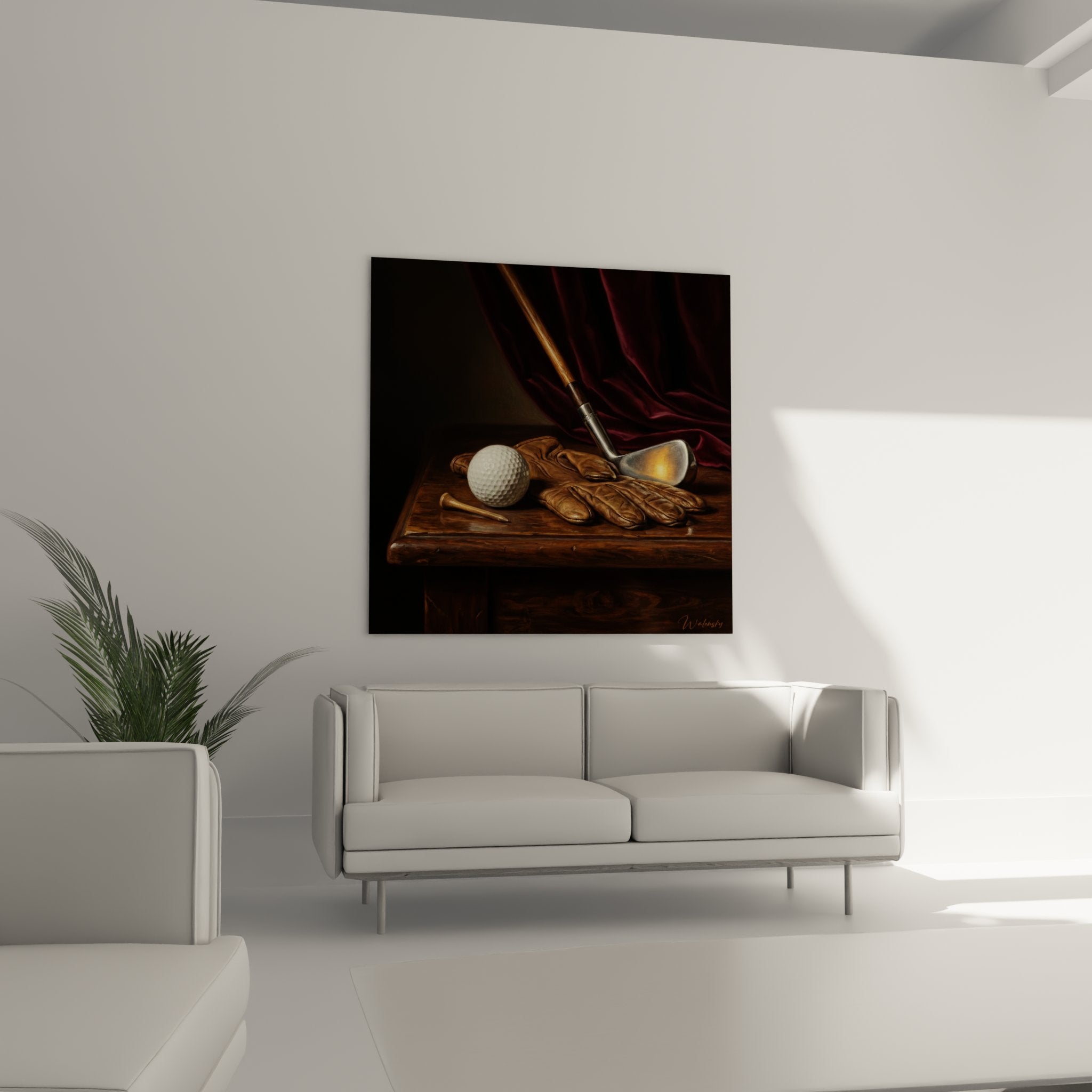 Detail gros plan tableau golf : balle blanche, gants cuir patine et club vintage sur bois noble texture realiste