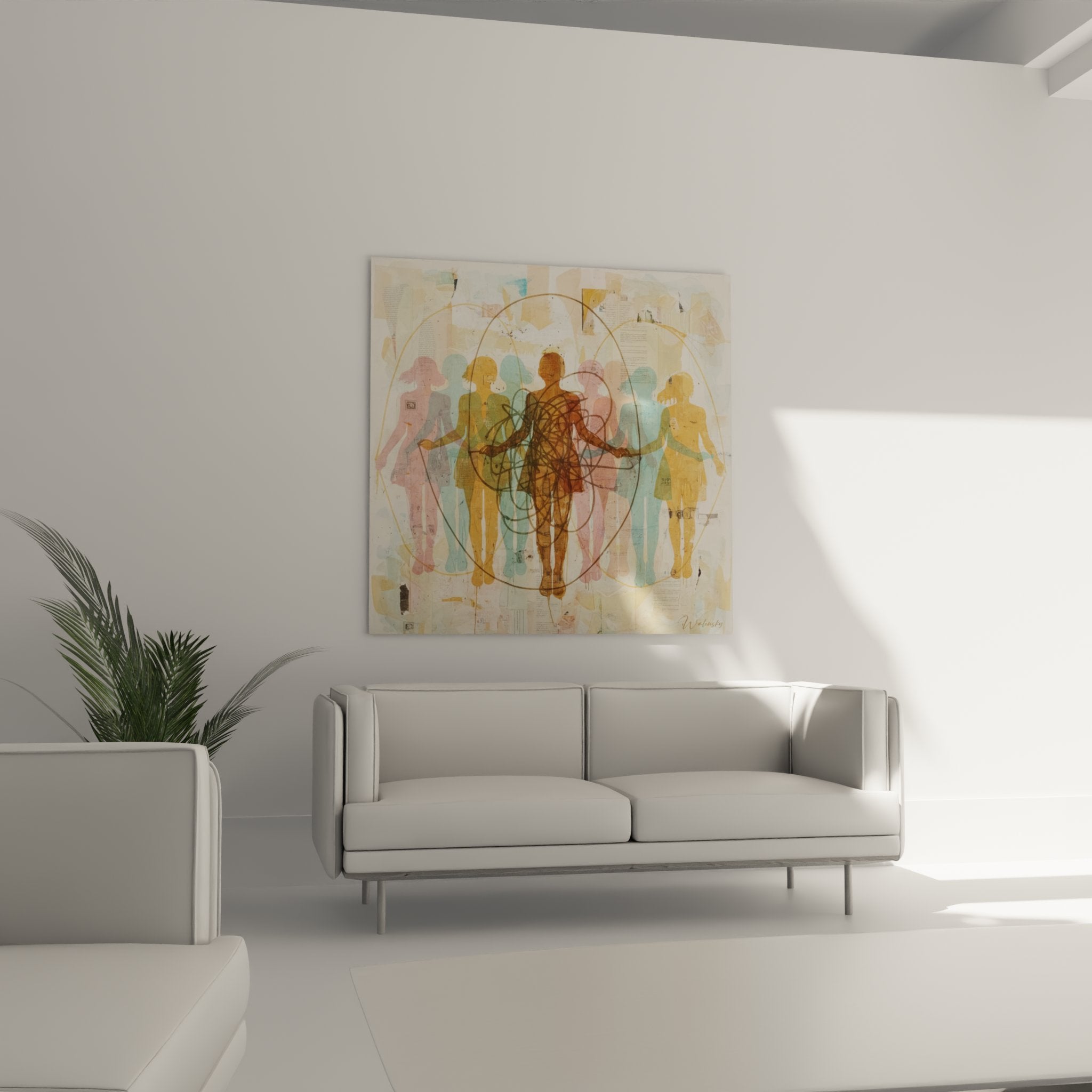 Detail artwork overlapping silhouettes mixed media collage painting concentric golden circles texture