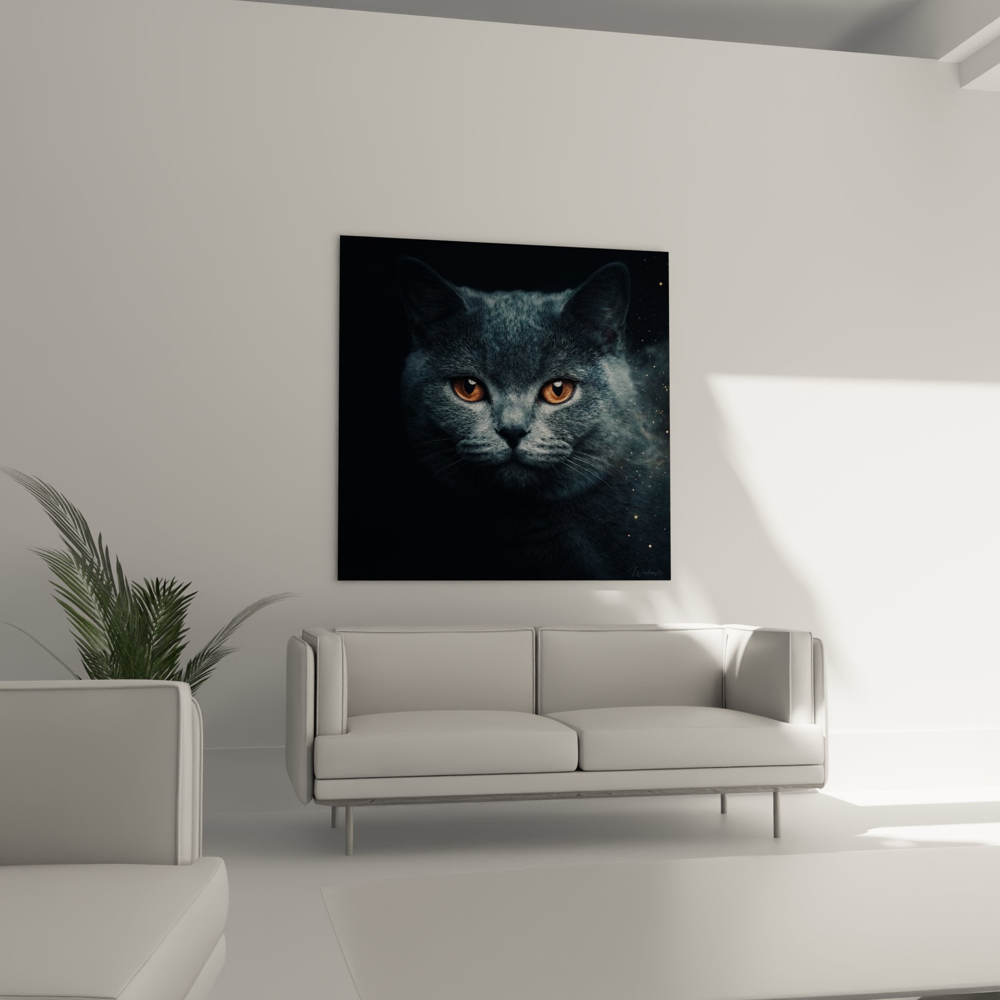 Gros plan tableau British Shorthair gris yeux dores, details pelage moustaches art felin realiste