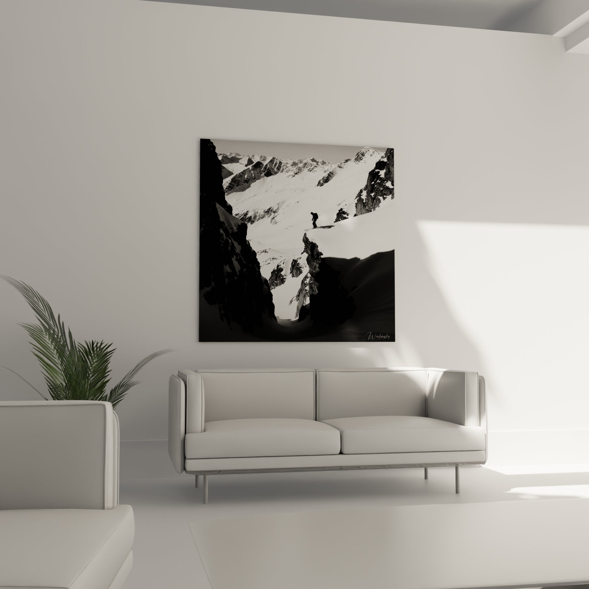 Detail rapproche tableau ski montagne noir blanc texture toile qualite impression art mural