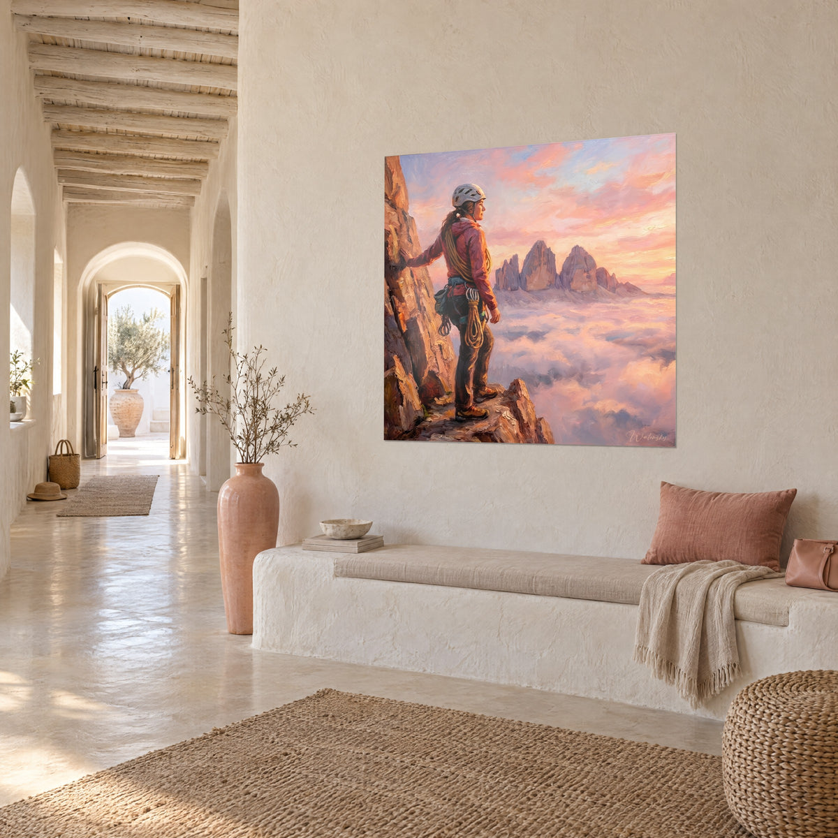 Wall art mountaineer in burgundy jacket facing the Tre Cime, sea of pink and orange clouds, in a vaulted hallway, three-quarter view
