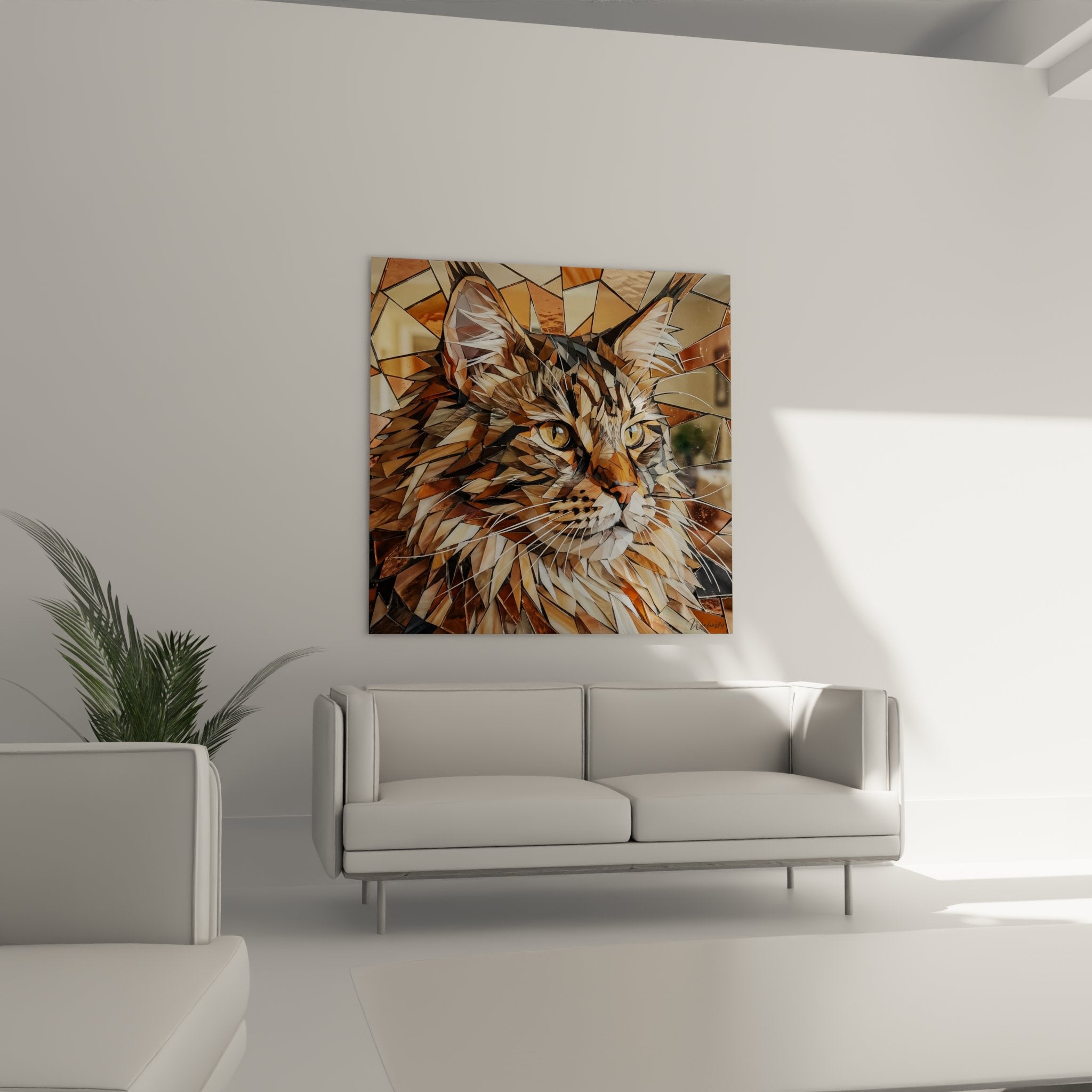 Nahaufnahme des geometrischen Maine-Coon-Gemäldes mit Details der goldenen Facetten und intensivem Katzenblick