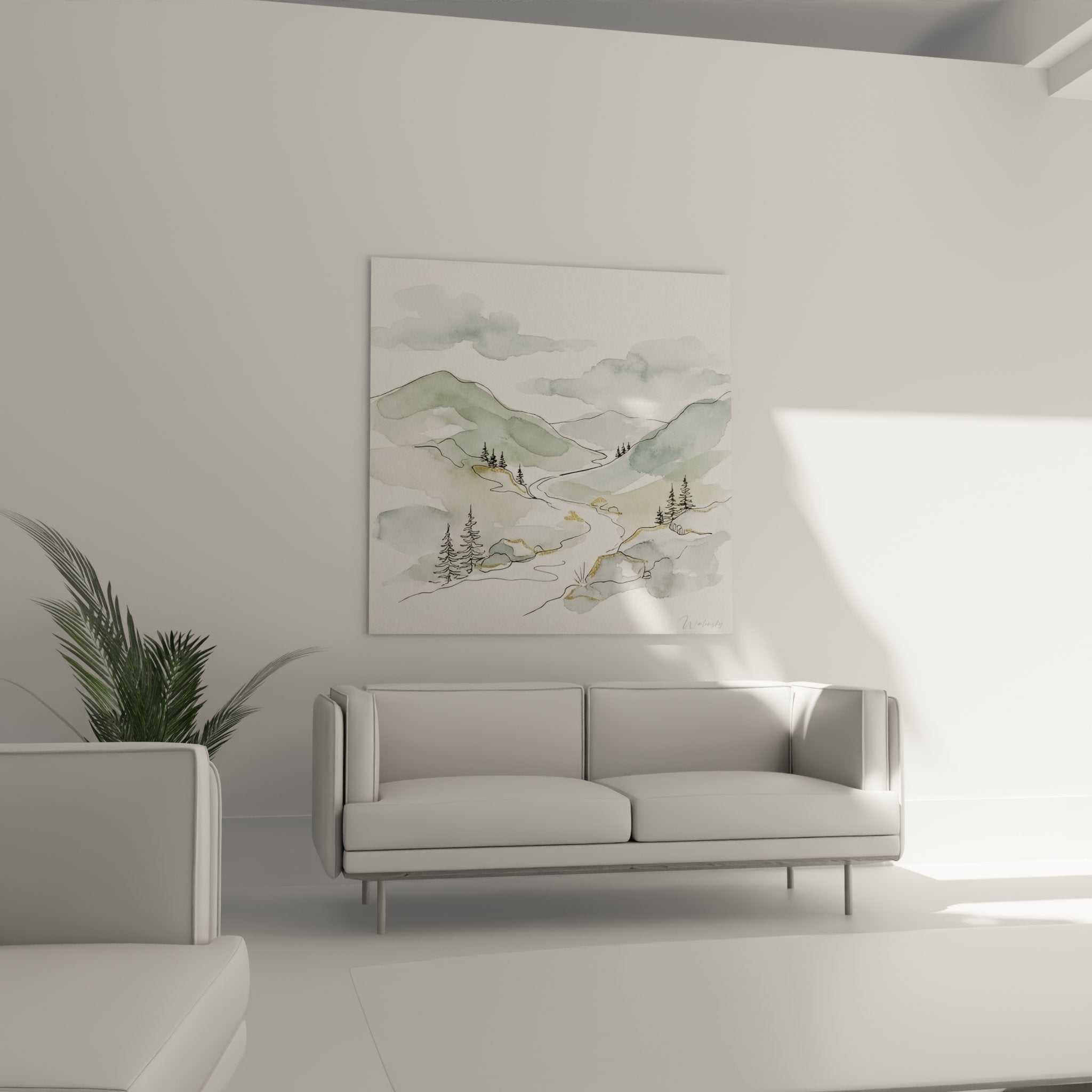 Dettaglio acquerello paesaggio alpino che mostra tecnica del pennello e sfumature di colore della montagna Savoia