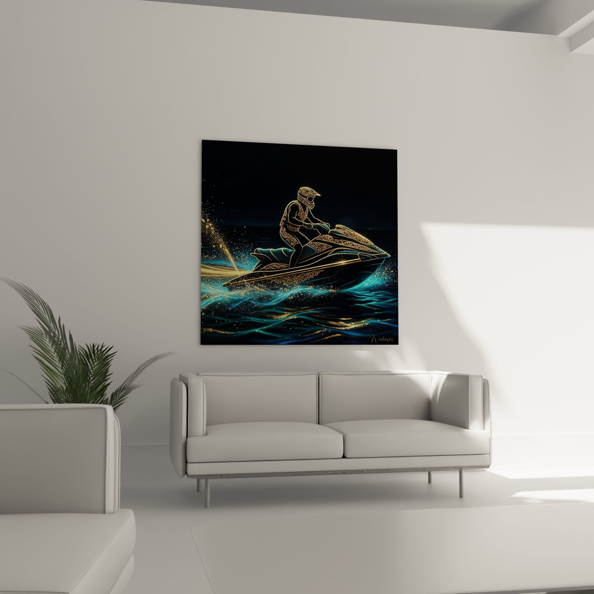 Détail tableau jetski montrant ornements dorés du pilote et effets lumineux sur eau turquoise