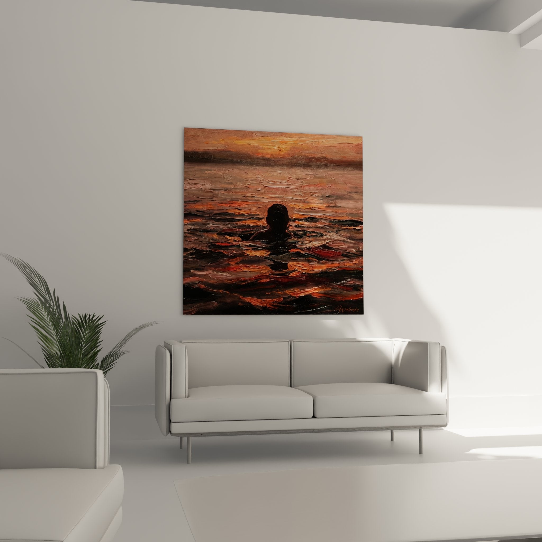 Detail texture peinture tableau nageur, empâtements couleurs oranges et ocres, technique artistique aquatique