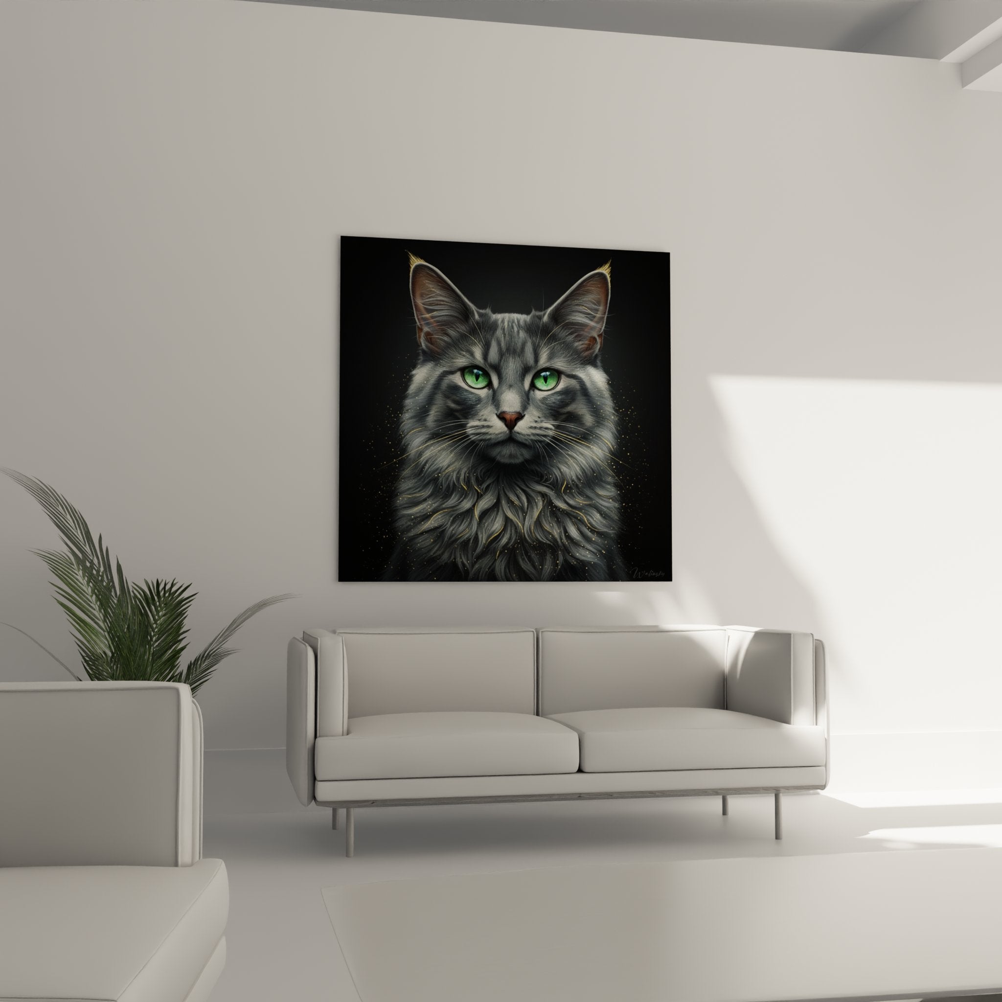 Nahaufnahme Nebelungs-Katzenbild, realistische Details graues Fell und smaragdgrüne Augen, hochwertige Katzenkunst