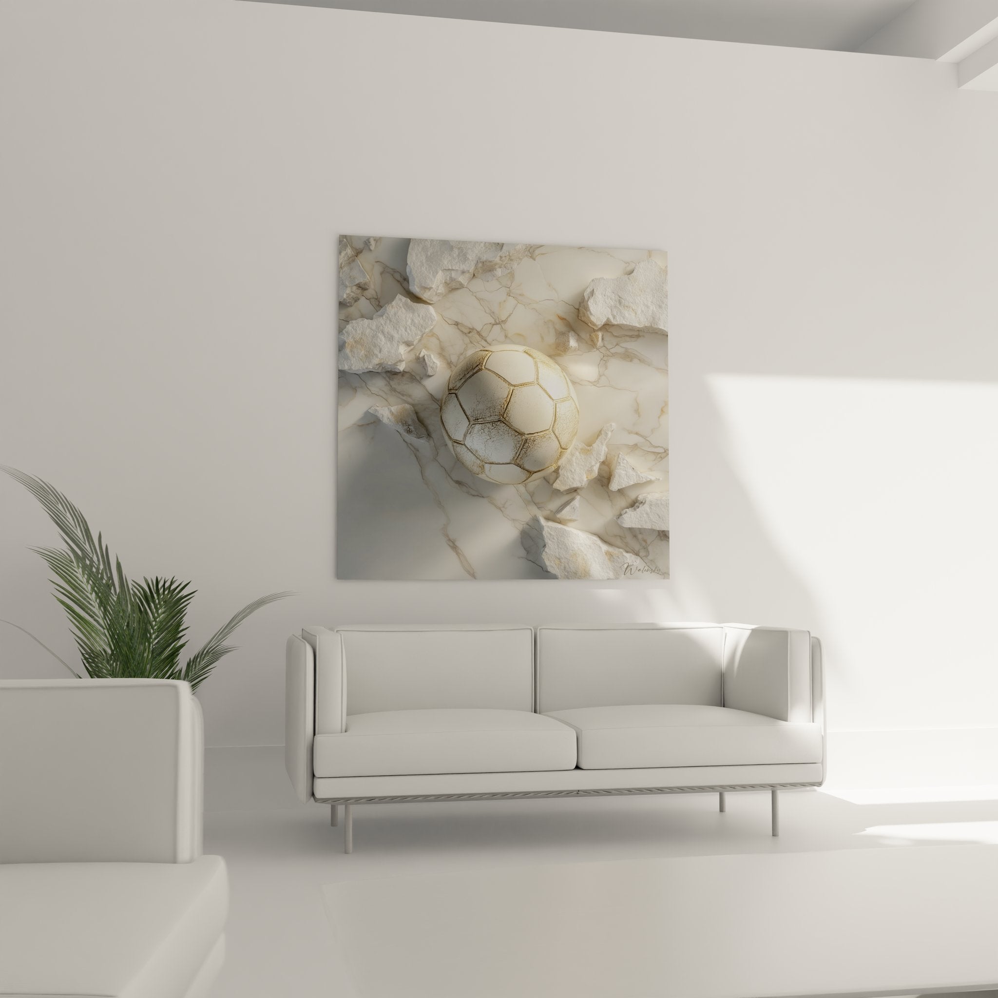 Gros plan ballon de football doré détaillé sur fragments de marbre blanc, finitions dorées raffinées