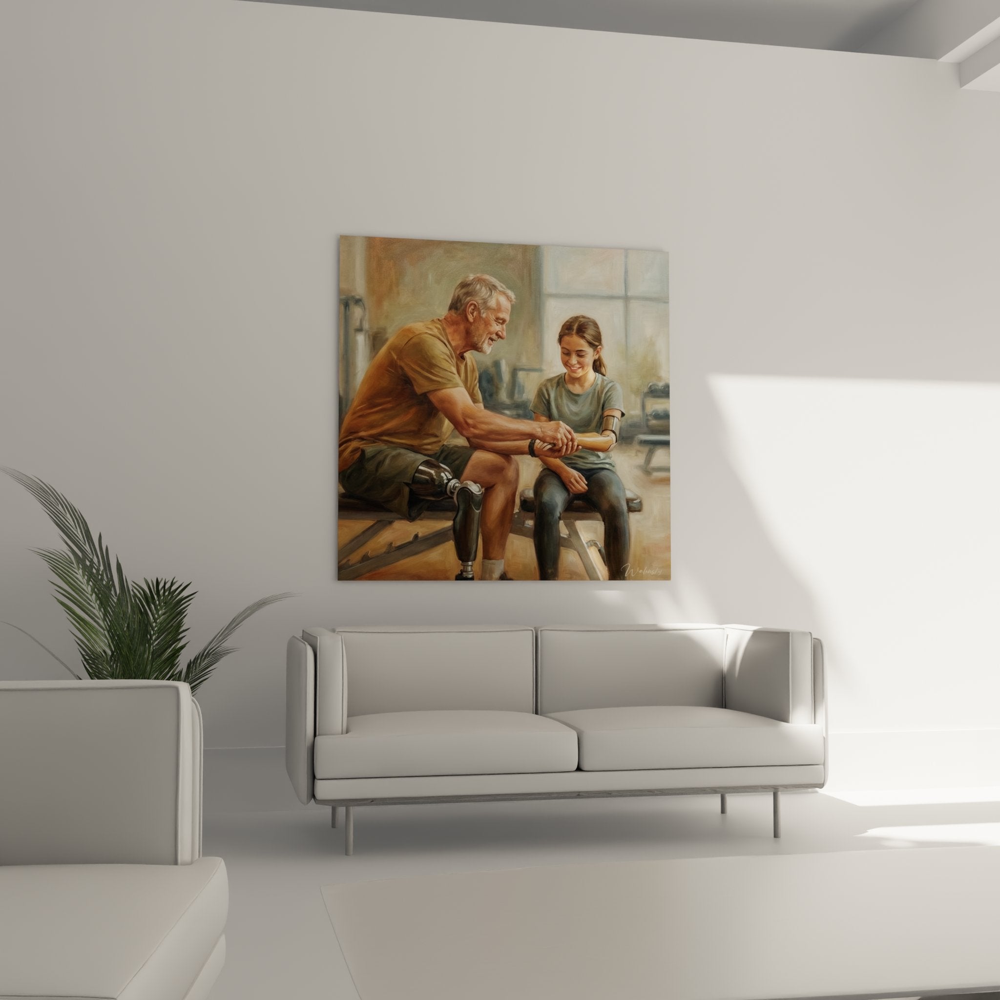 Détail du tableau paralympique montrant l'émotion et la complicité entre deux générations d'amputés appareillés