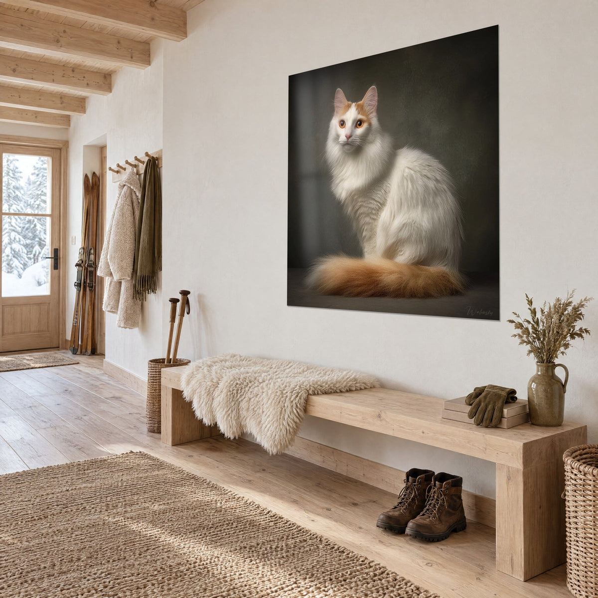 Tableau chat blanc à longue fourrure et queue cuivrée en panache, fond olive patiné, mur clair d'une entrée en bois