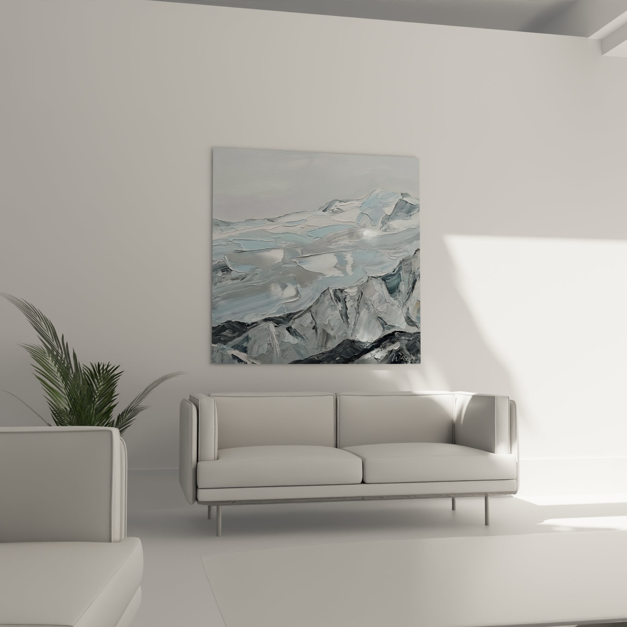 Dettaglio pittura montagna, texture espressiva pennellate, rilievi scolpiti toni blu