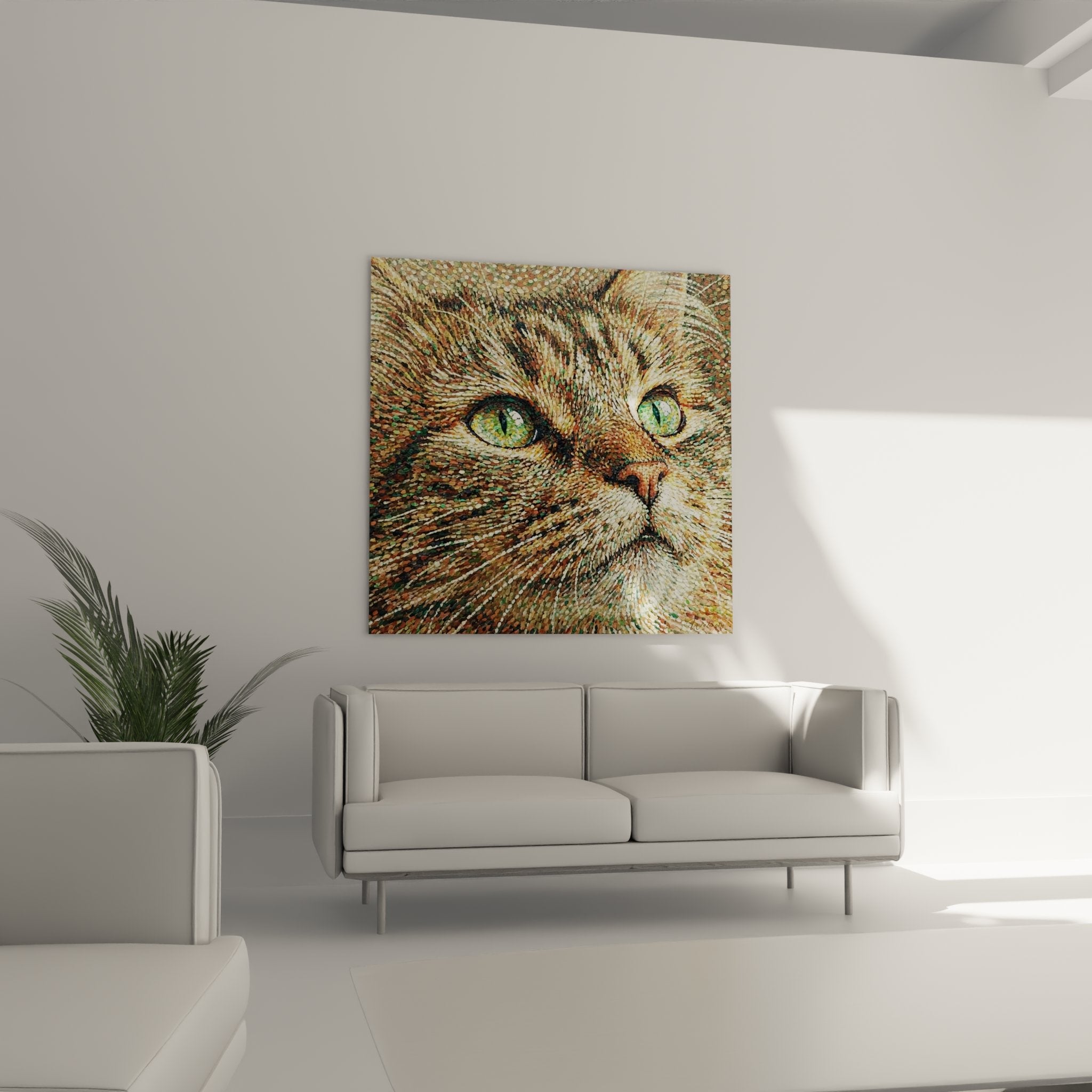 Primo piano quadro gatto Ragamuffin tecnica mosaico dettaglio occhi verdi pelage rosso arte felina contemporanea
