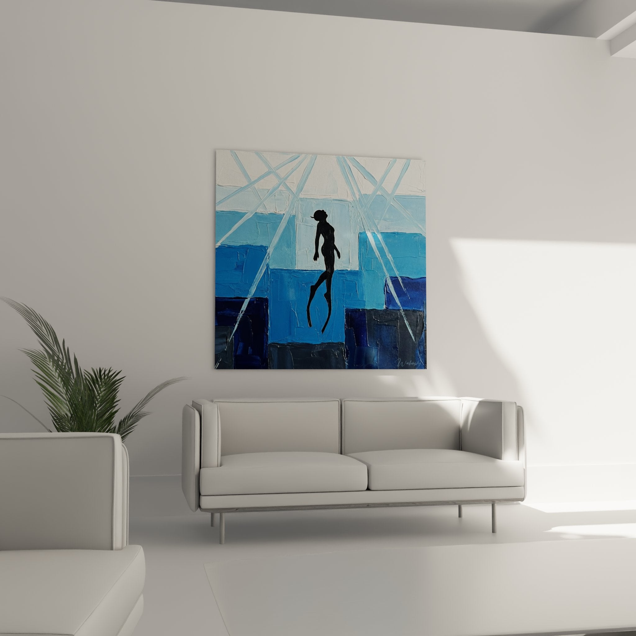 Detail of the artwork showing the painting technique and the shades of blues used for the aquatic effect
