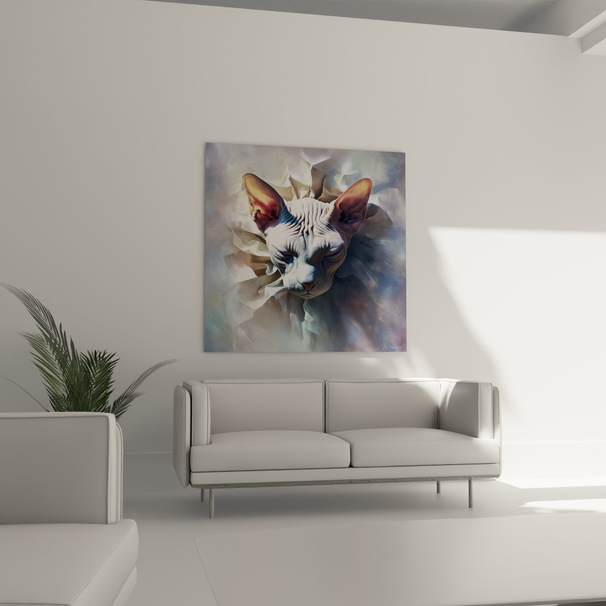 Dettaglio quadro gatto Sphynx artistico che mostra la texture della pelle rugosa e la tecnica pittorica raffinata in tonalità pastello