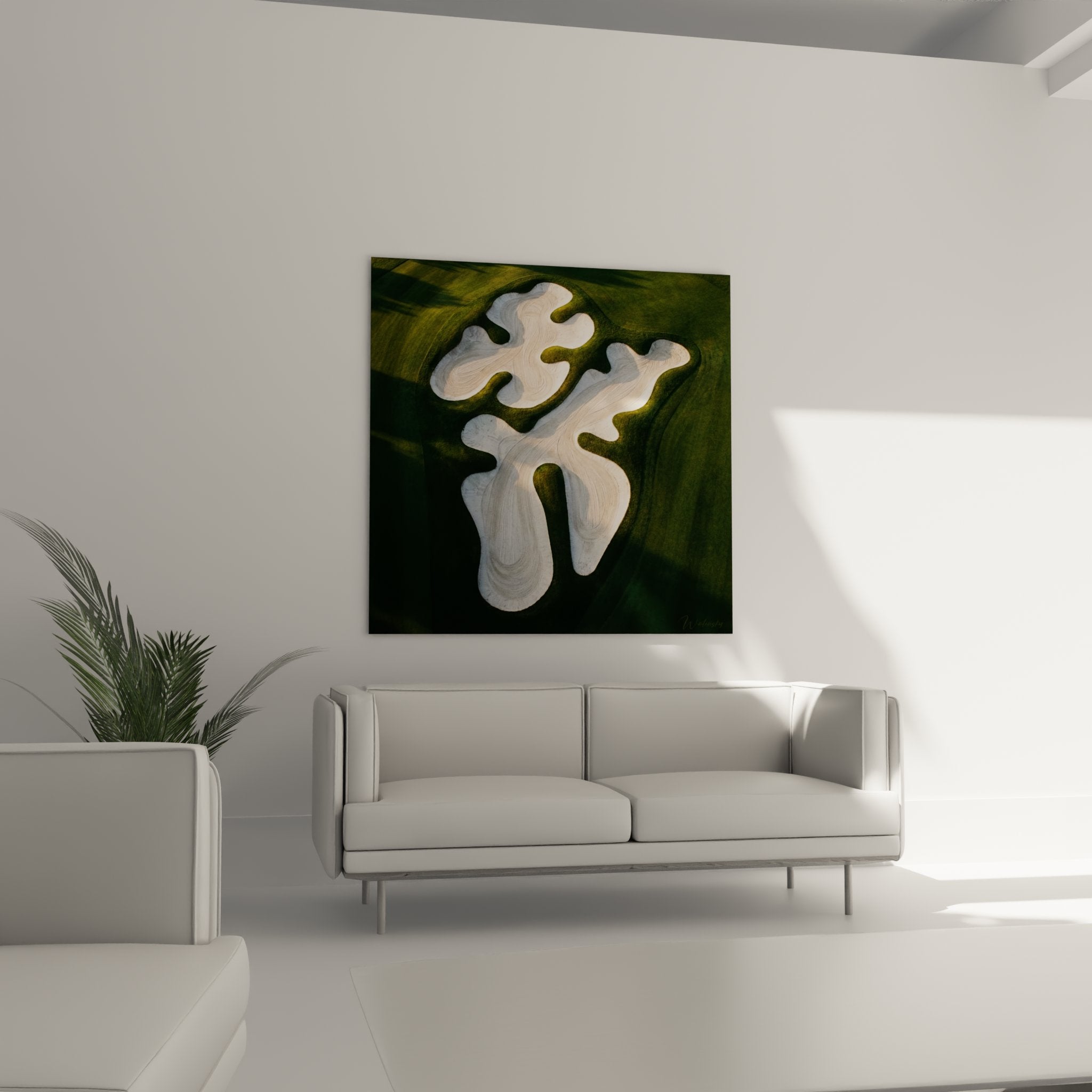 Detail peinture abstraite formes fluides blanches textures organiques art contemporain golf