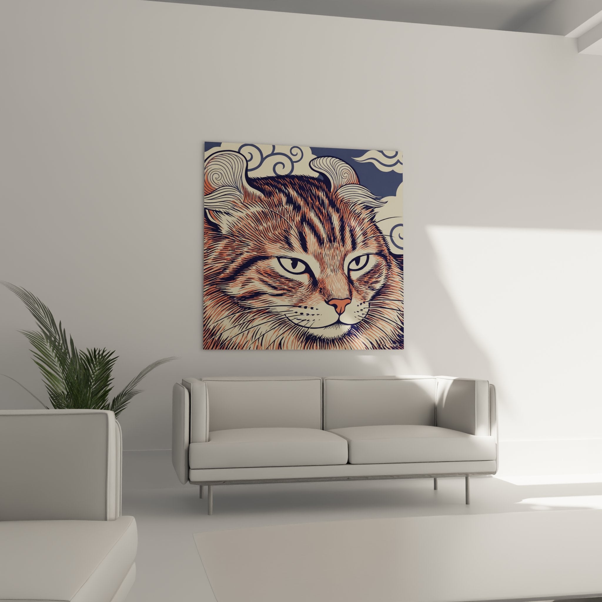 Détail rapproché tableau chat montrant texture fourrure et yeux expressifs, technique graphique raffinée