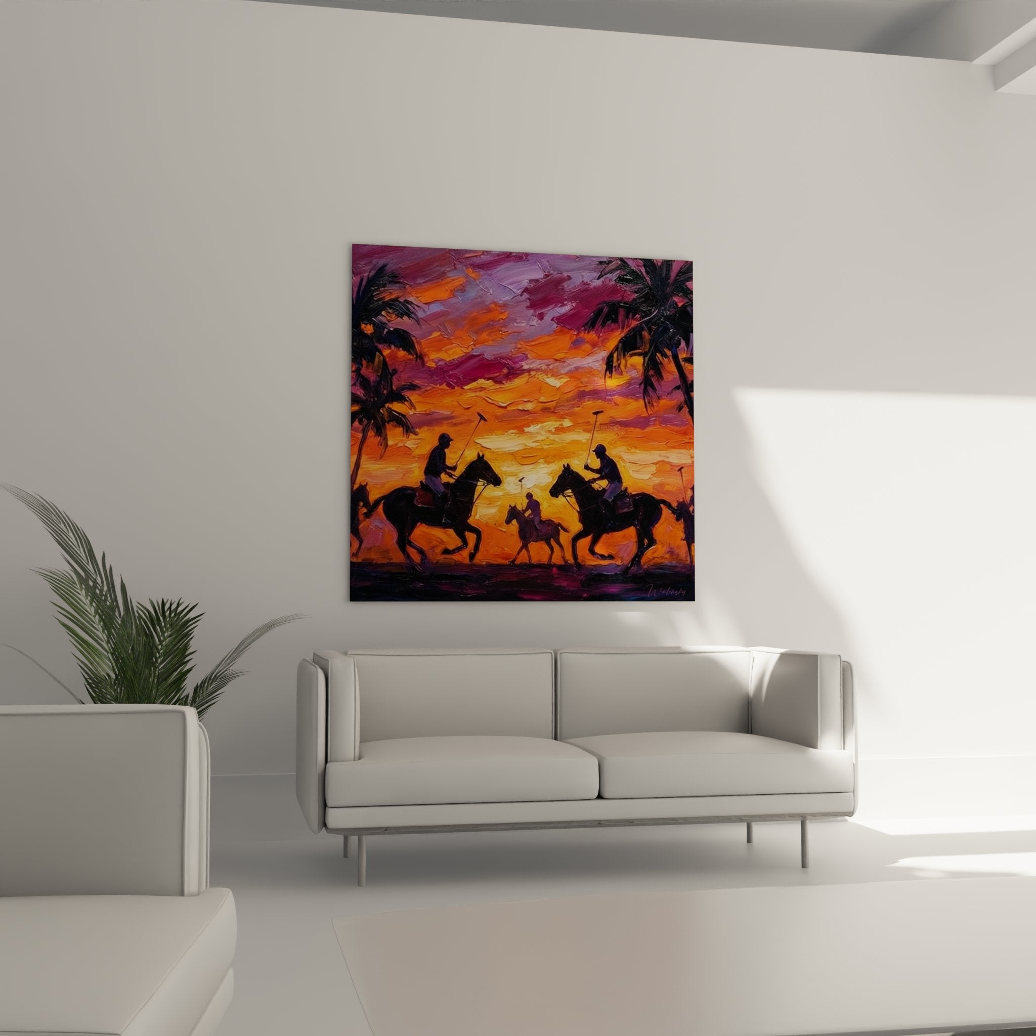 Detail tropical polo painting textured impasto brushstrokes riders silhouettes palm trees