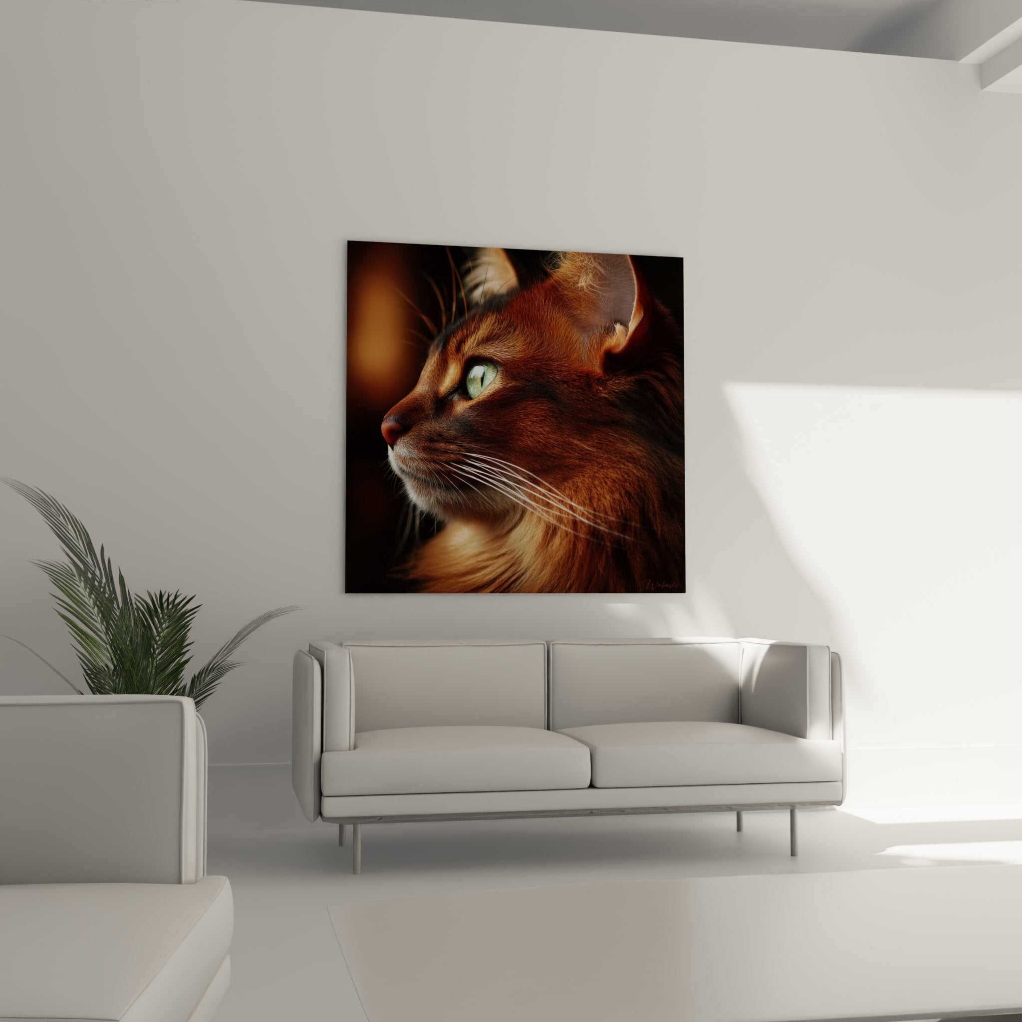 Détail gros plan chat Somali yeux verts vibrisses blanches texture fourrure rousse cuivrée