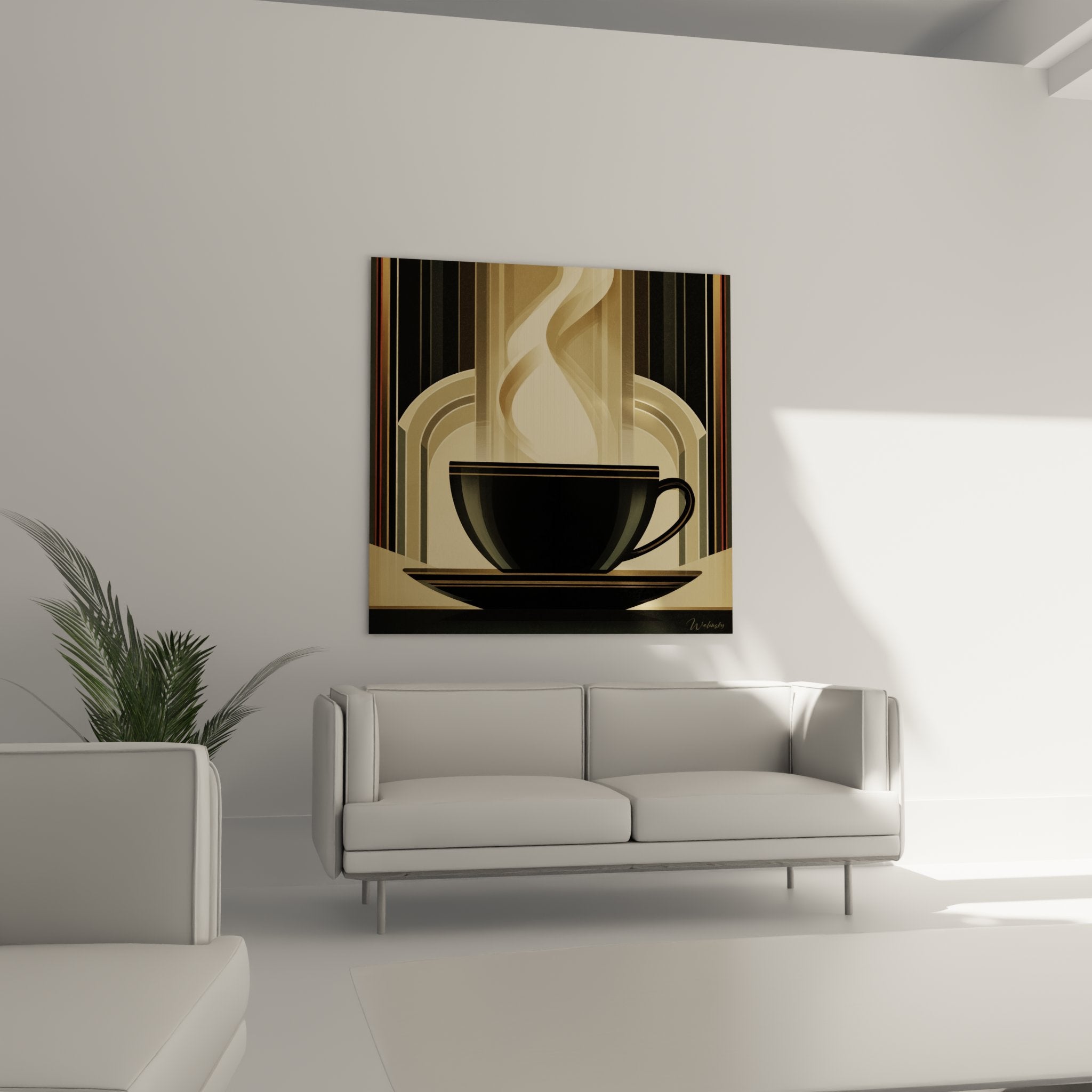 Detail tableau tasse cafe art deco vapeur stylisee motifs geometriques palette doree noire qualite impression