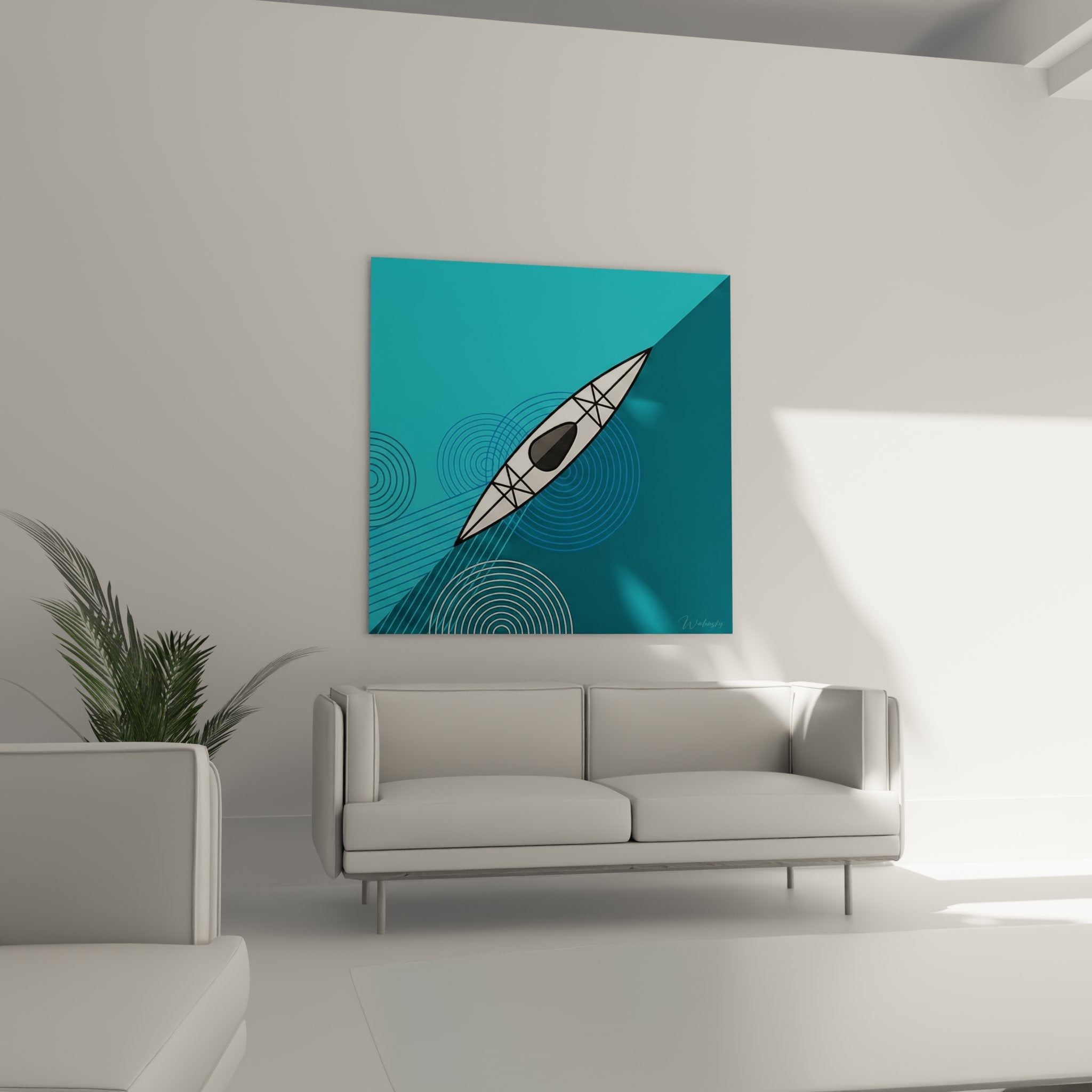 Dettaglio ravvicinato del kayak bianco con corde e cockpit su motivi geometrici blu